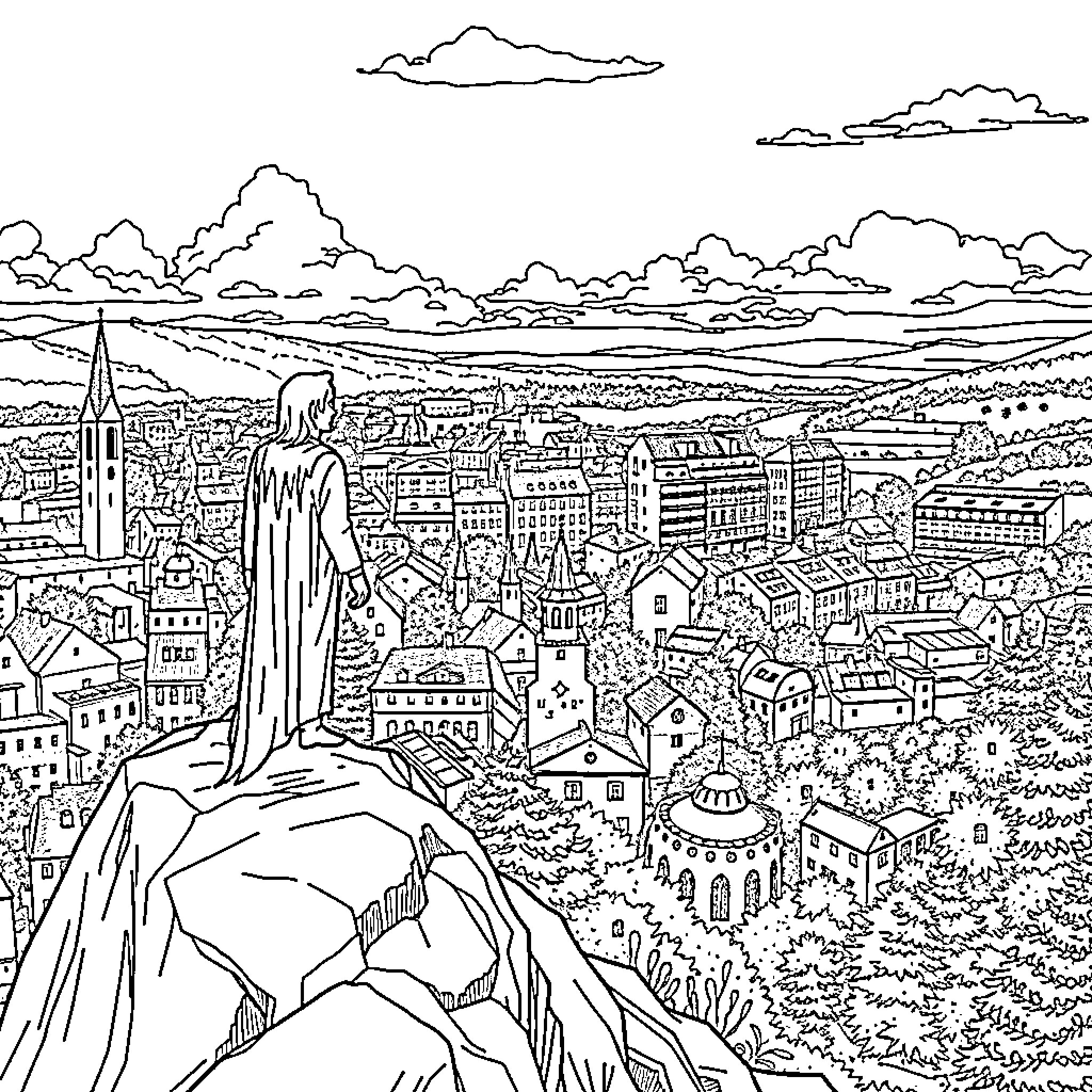 Venti observing the bustling city from a hillside Coloring Page (free black-and-white line drawing printable PDF for all, from beginners to advanced learners, including children, teens, adults, and seniors)