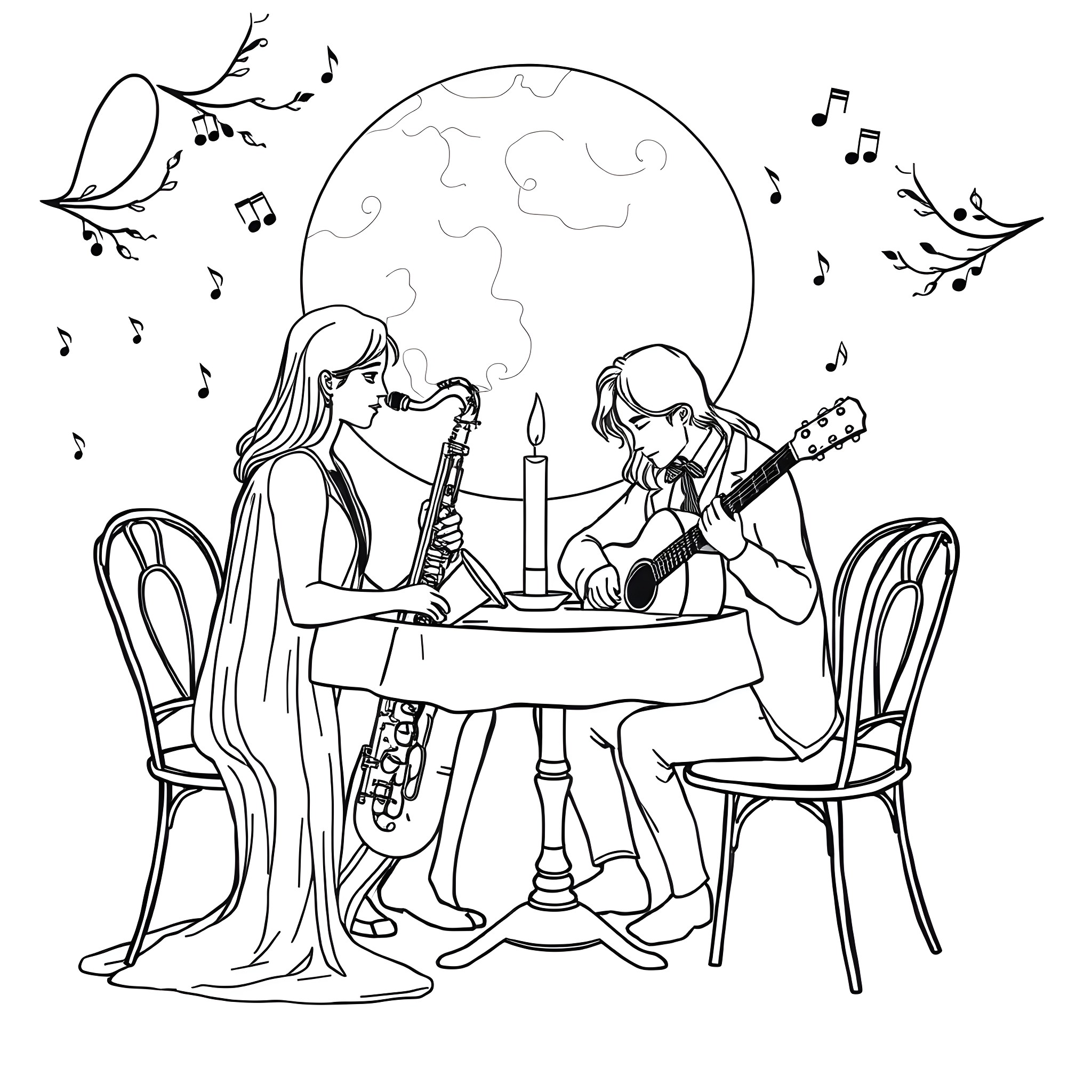 Saxophone players performing under the moonlight Coloring Page (free black-and-white line drawing printable PDF for all, from beginners to advanced learners, including children, teens, adults, and seniors)