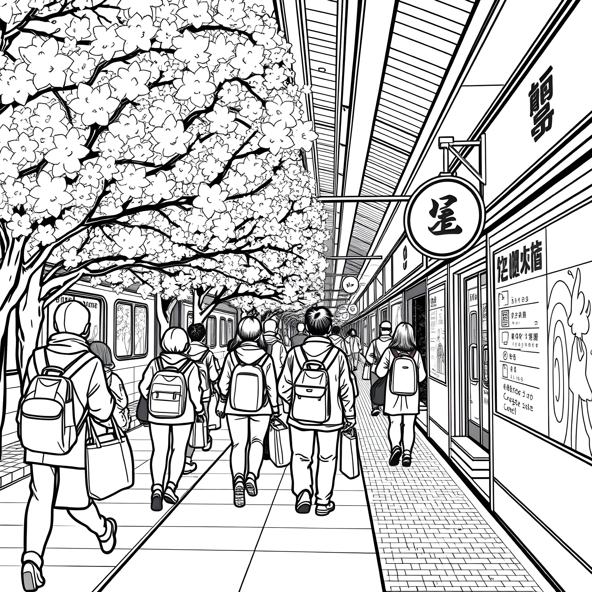 Train Passengers Walking Under Blooming Trees Coloring Page (free black-and-white line drawing printable PDF for all, from beginners to advanced learners, including children, teens, adults, and seniors)