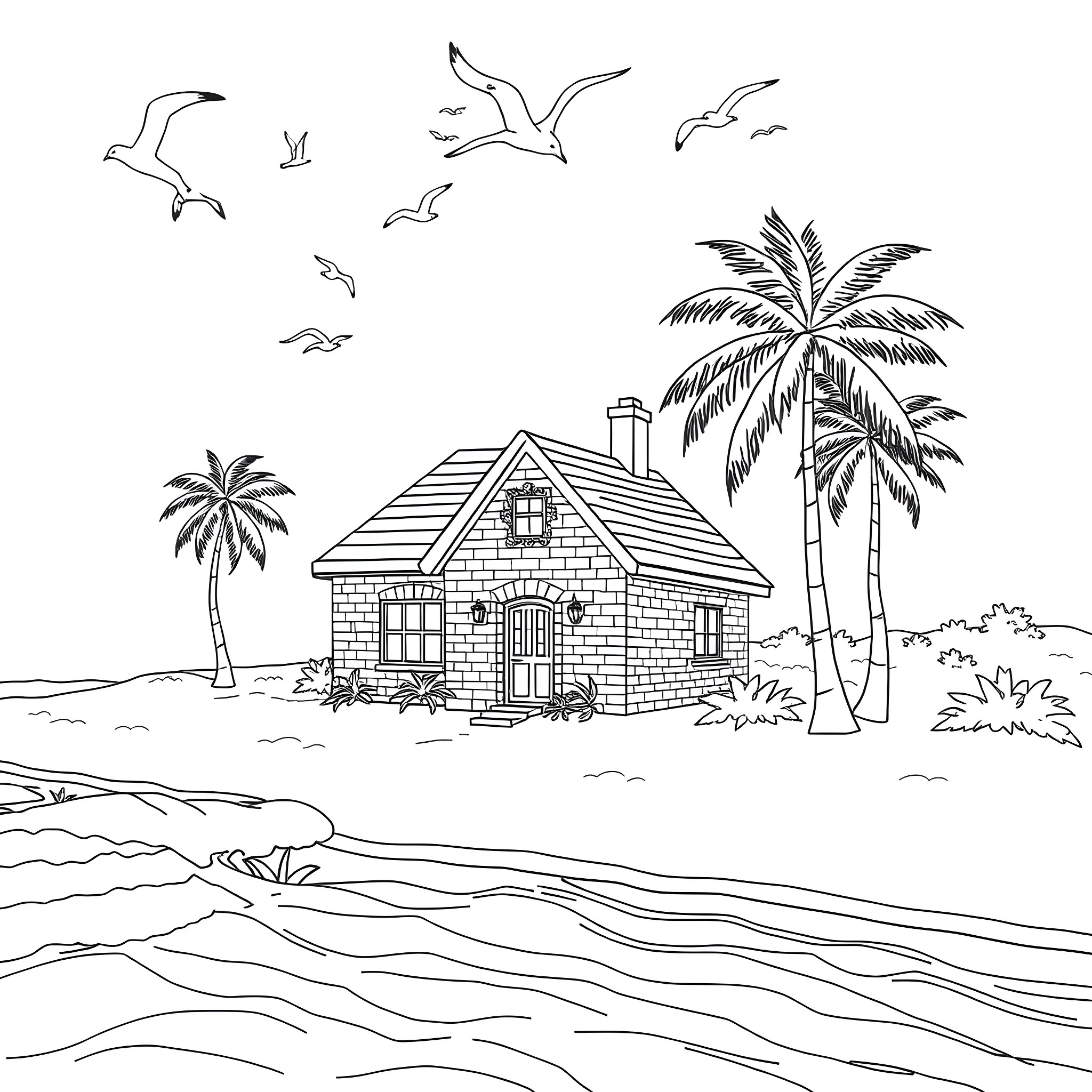 Brick House on Tropical Beach with Palm Trees Coloring Page (free black-and-white line drawing printable PDF for all, from beginners to advanced learners, including children, teens, adults, and seniors)