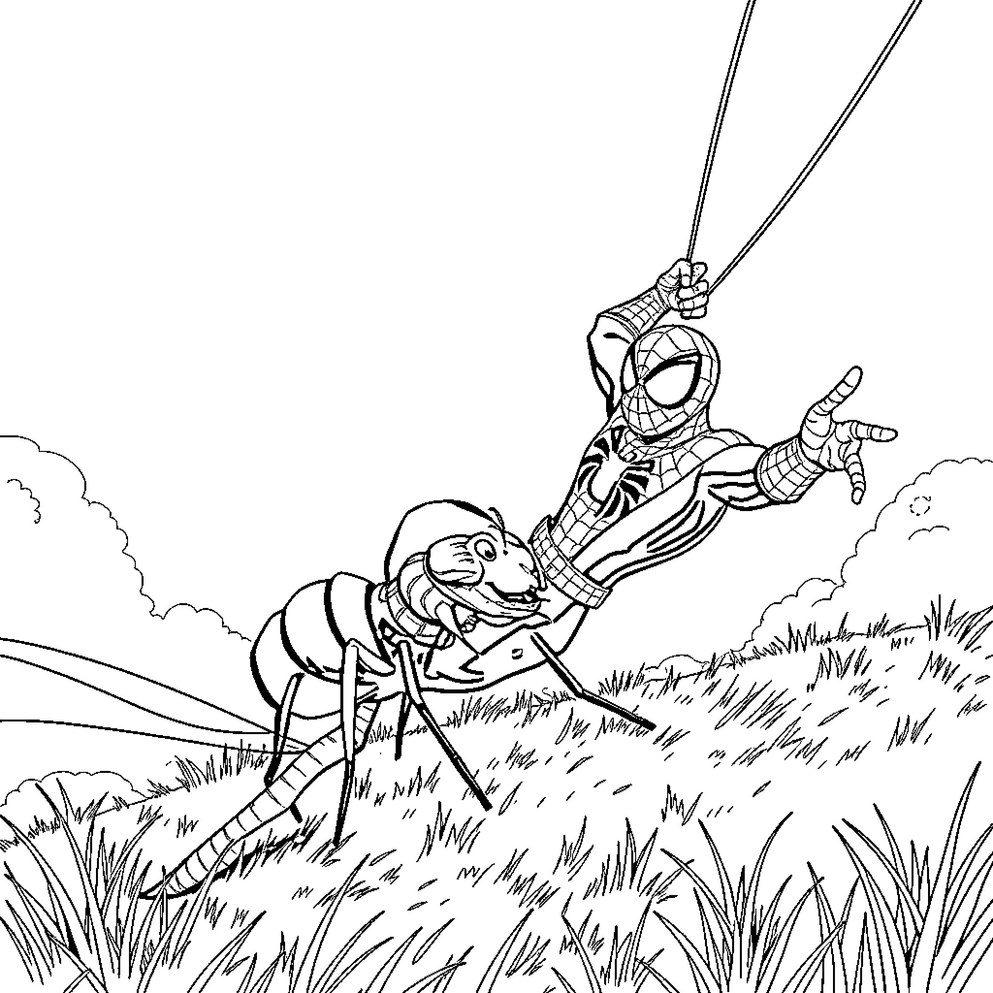 Spiderman swinging through the air, battling a large bug Coloring Page (free black-and-white line drawing printable PDF for all, from beginners to advanced learners, including children, teens, adults, and seniors)