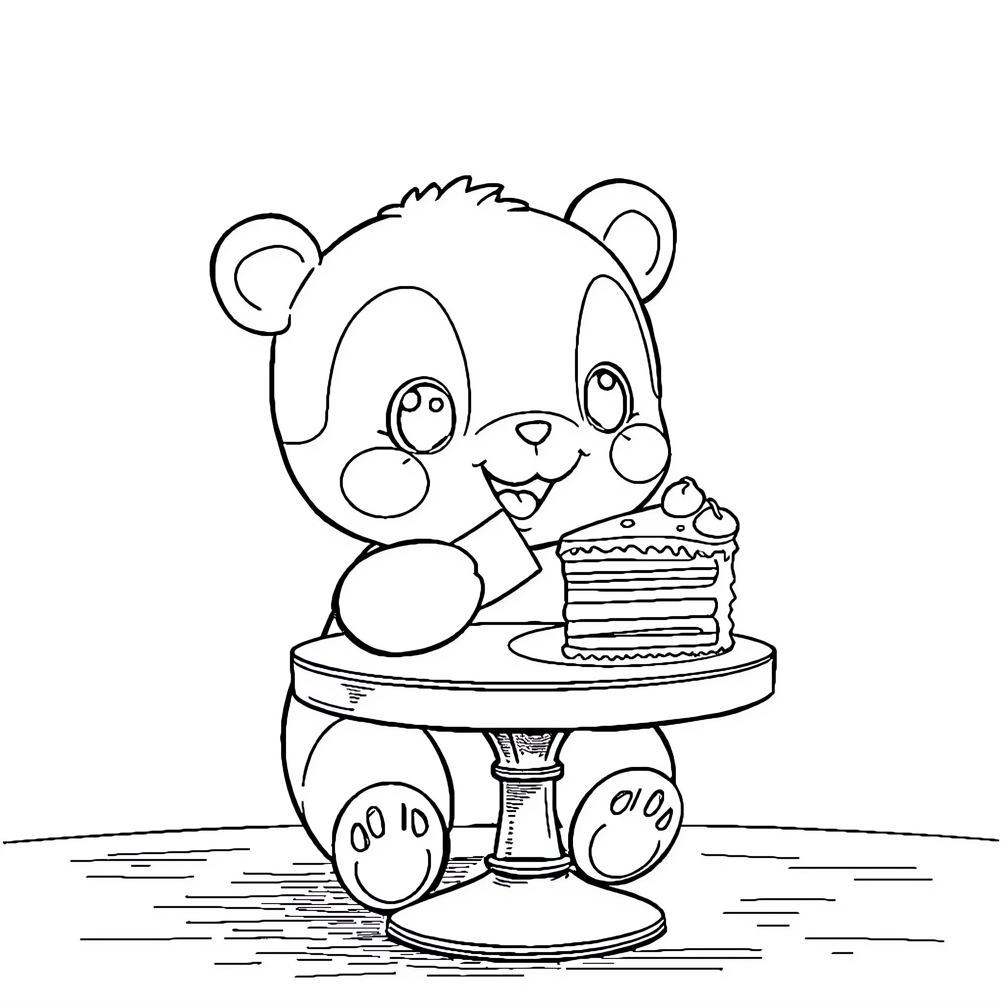 Labubu enjoying a delightful cake Coloring Page (free black-and-white line drawing printable PDF for all, from beginners to advanced learners, including children, teens, adults, and seniors)