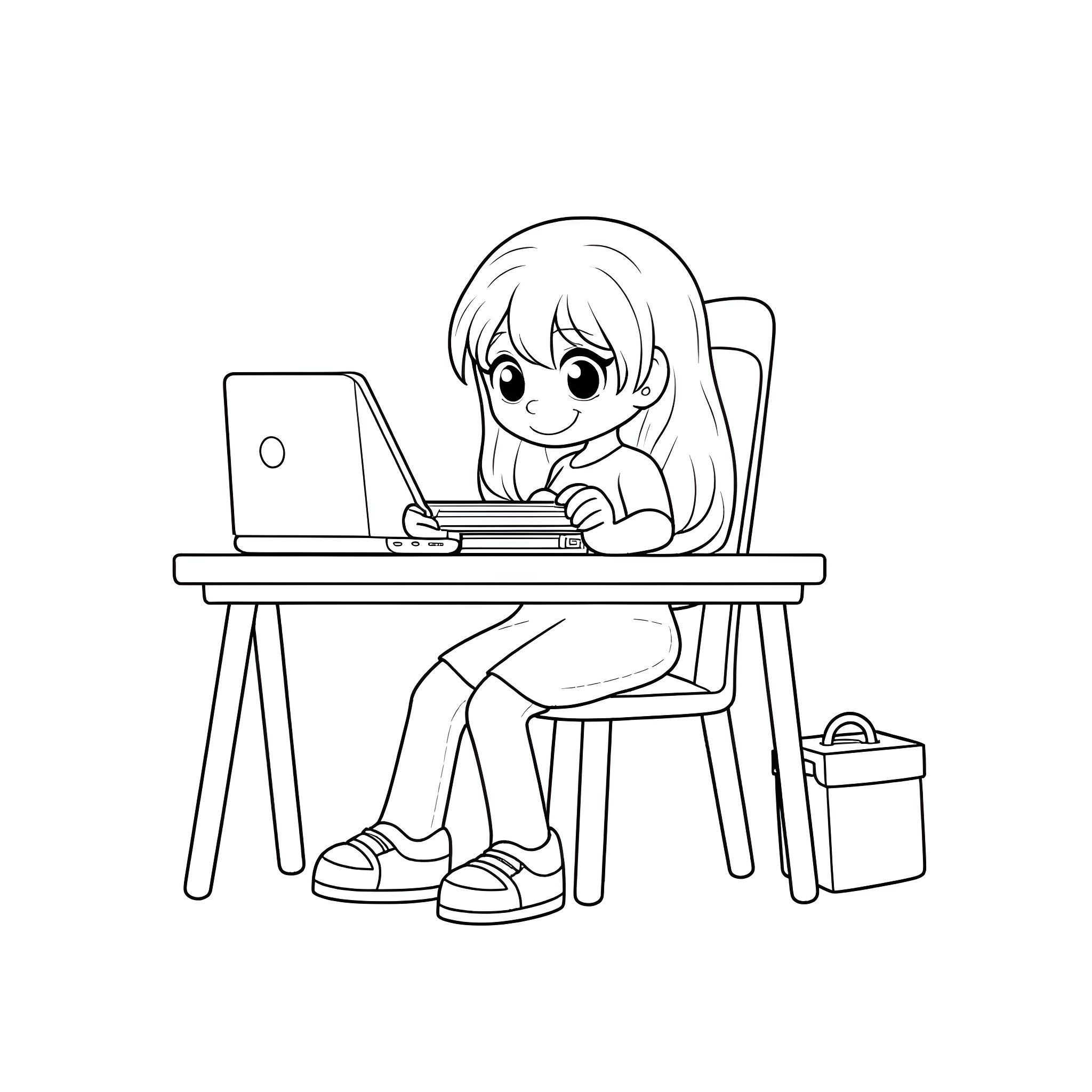 Girl using laptop on desk Coloring Page (free black-and-white line drawing printable PDF for all, from beginners to advanced learners, including children, teens, adults, and seniors)