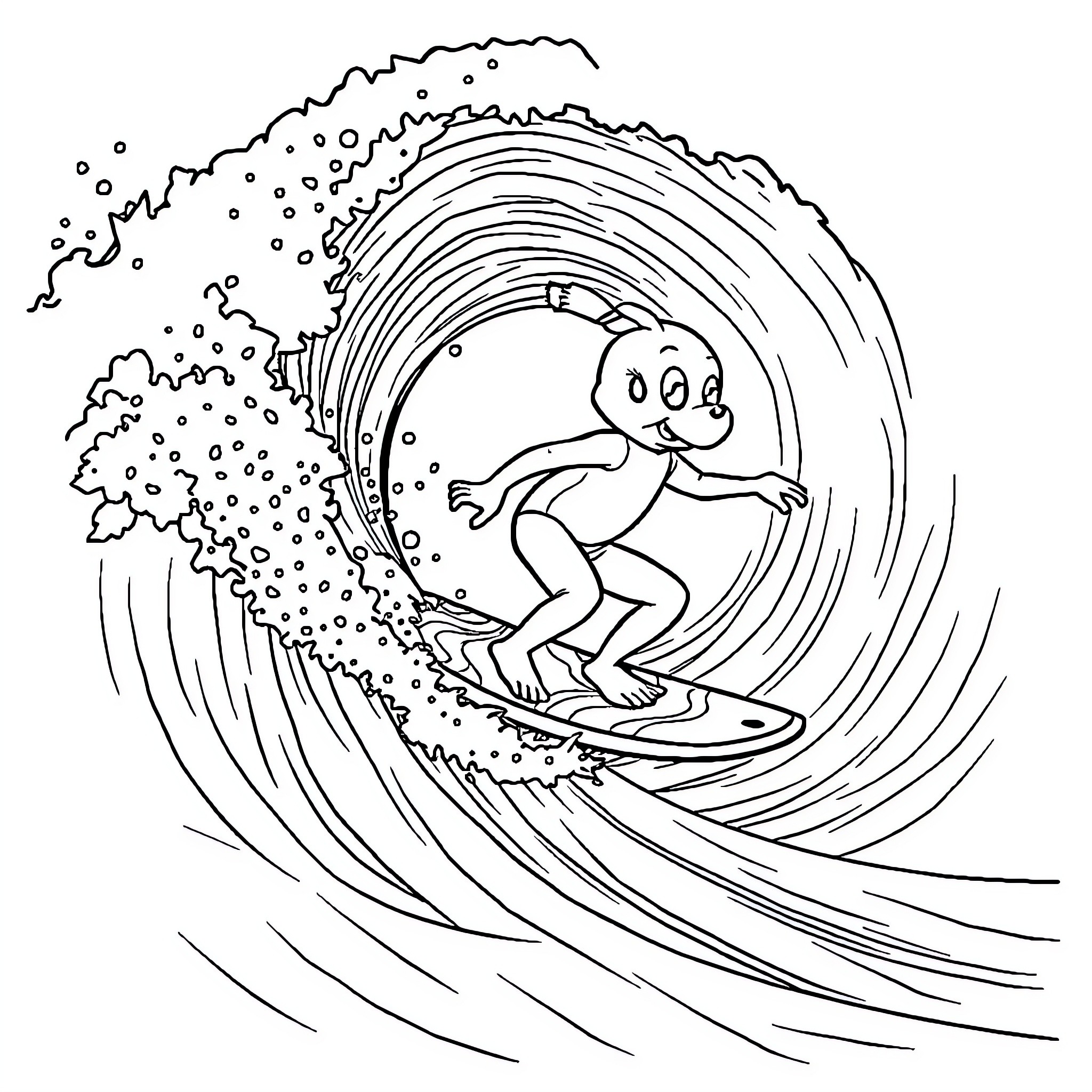 Bluey Surfing the Waves Coloring Page (free black-and-white line drawing printable PDF for all, from beginners to advanced learners, including children, teens, adults, and seniors)