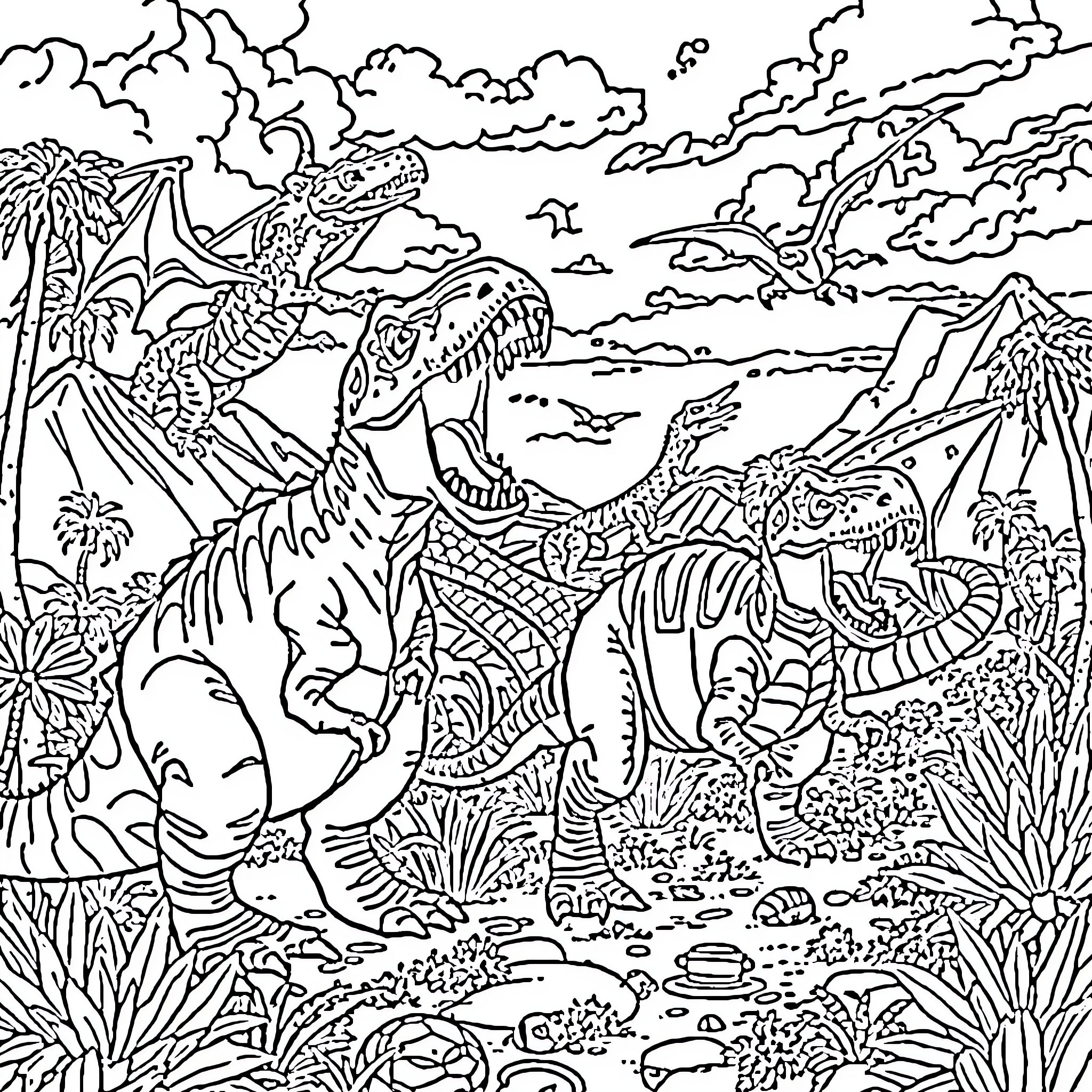 Dinosaurs in a Prehistoric Landscape Coloring Page (free black-and-white line drawing printable PDF for all, from beginners to advanced learners, including children, teens, adults, and seniors)