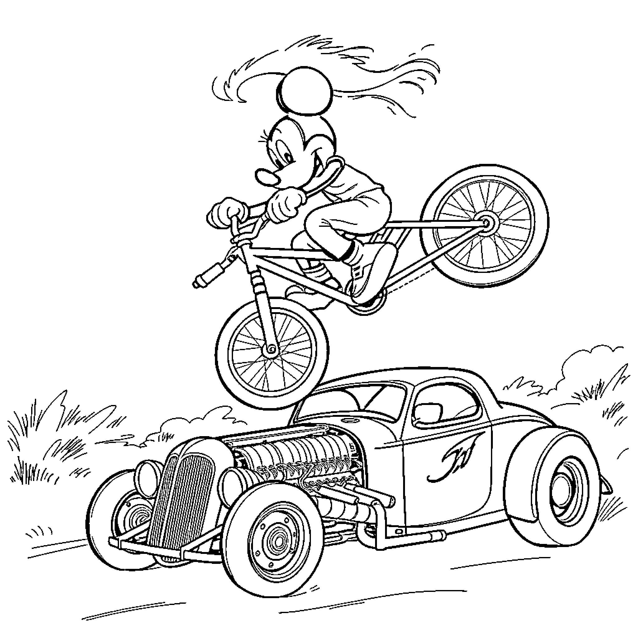 Mickey Mouse stunts on a bicycle near a classic car Coloring Page (free black-and-white line drawing printable PDF for all, from beginners to advanced learners, including children, teens, adults, and seniors)