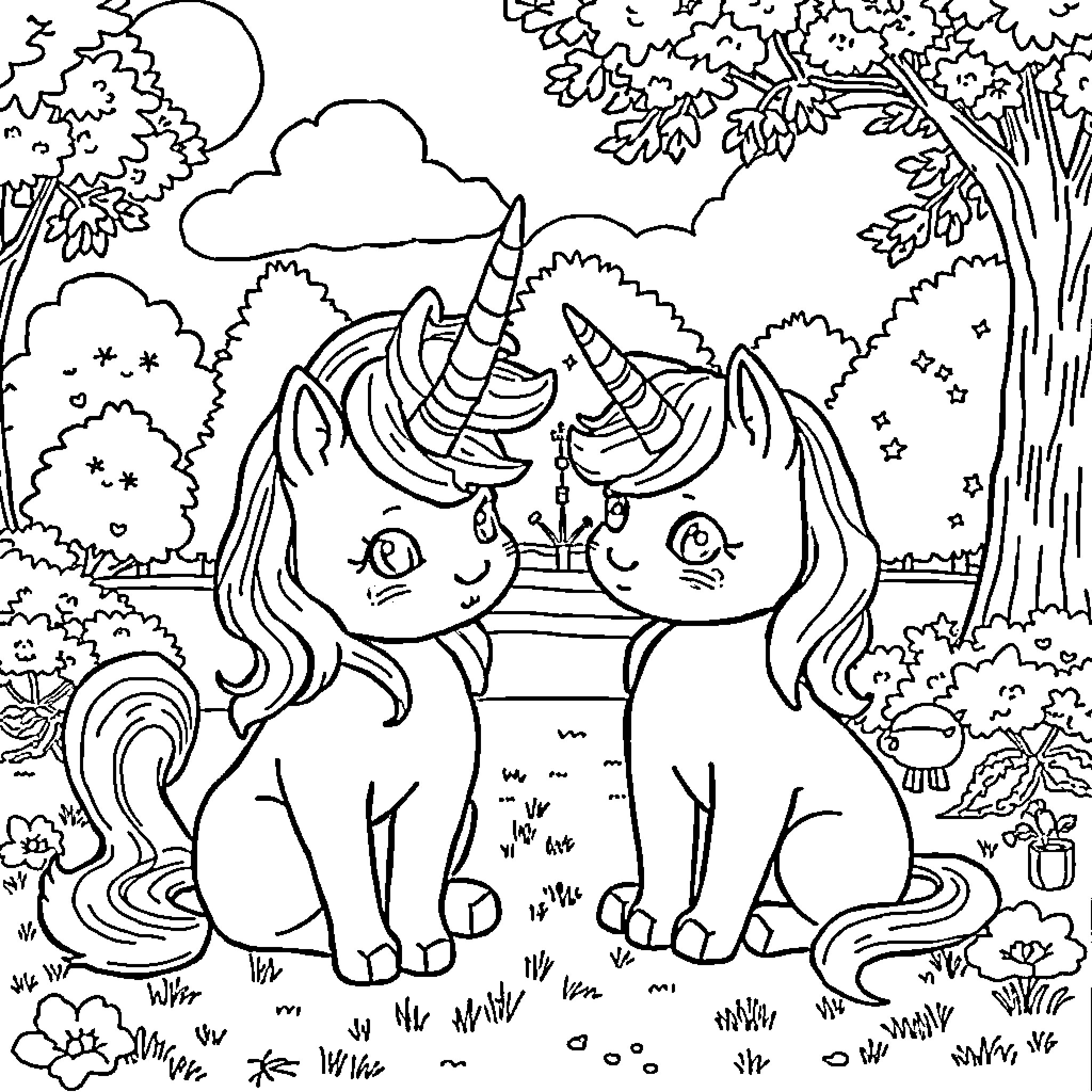 Unicorn Cat Companions Enjoying Nature's Beauty Coloring Page (free black-and-white line drawing printable PDF for all, from beginners to advanced learners, including children, teens, adults, and seniors)