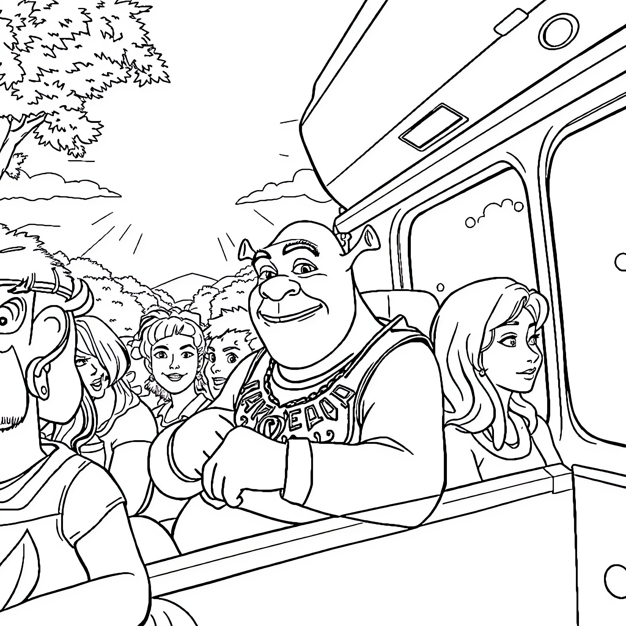 Shrek and his friends on an adventure Coloring Page (free black-and-white line drawing printable PDF for all, from beginners to advanced learners, including children, teens, adults, and seniors)