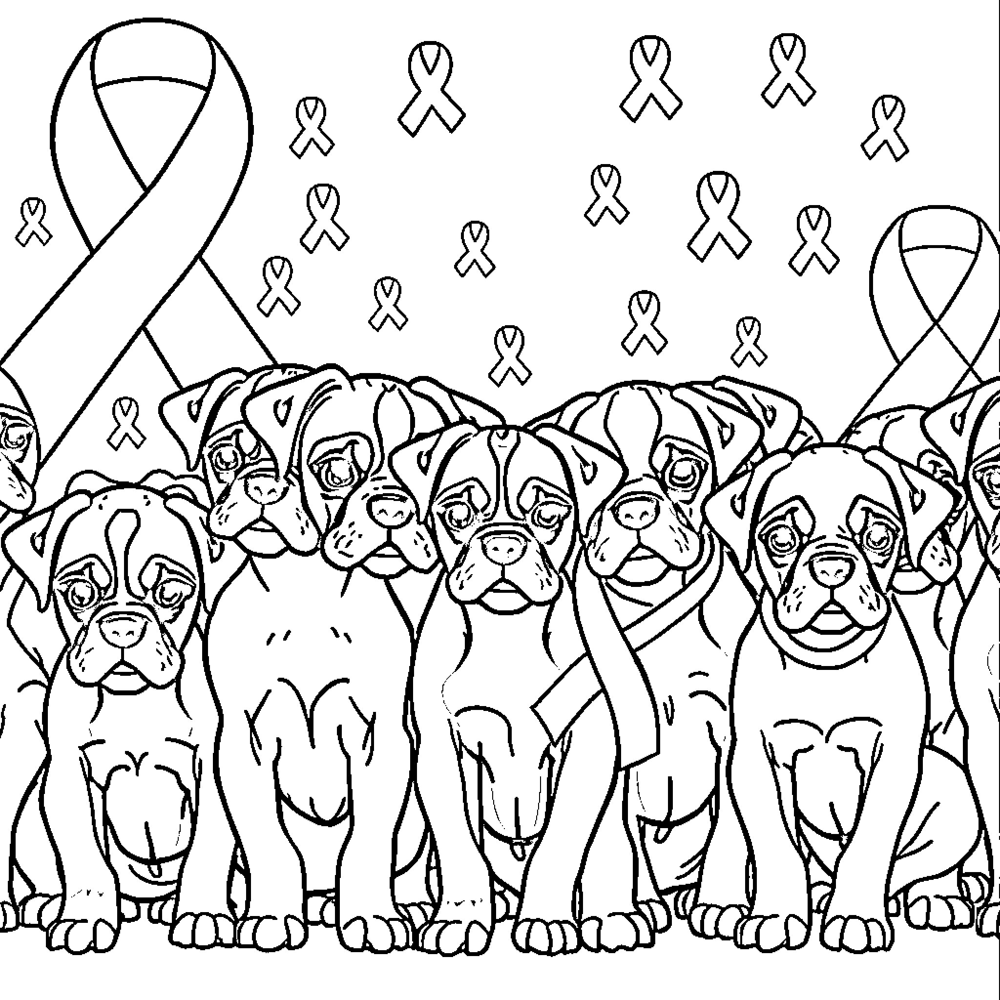 Boxer Puppies with Awareness Ribbons Coloring Page (free black-and-white line drawing printable PDF for all, from beginners to advanced learners, including children, teens, adults, and seniors)