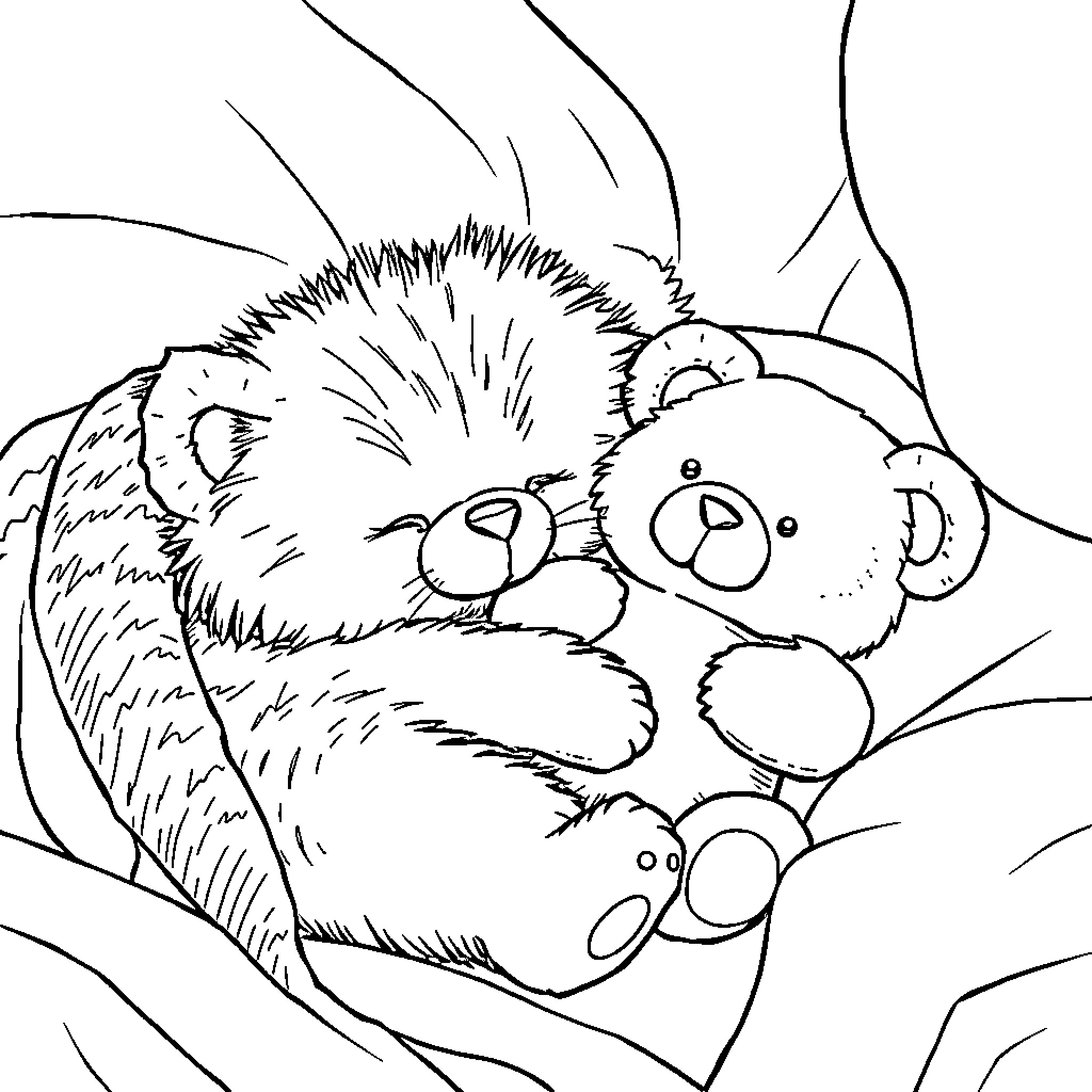 Cat sleeping peacefully with stuffed toys Coloring Page (free black-and-white line drawing printable PDF for all, from beginners to advanced learners, including children, teens, adults, and seniors)