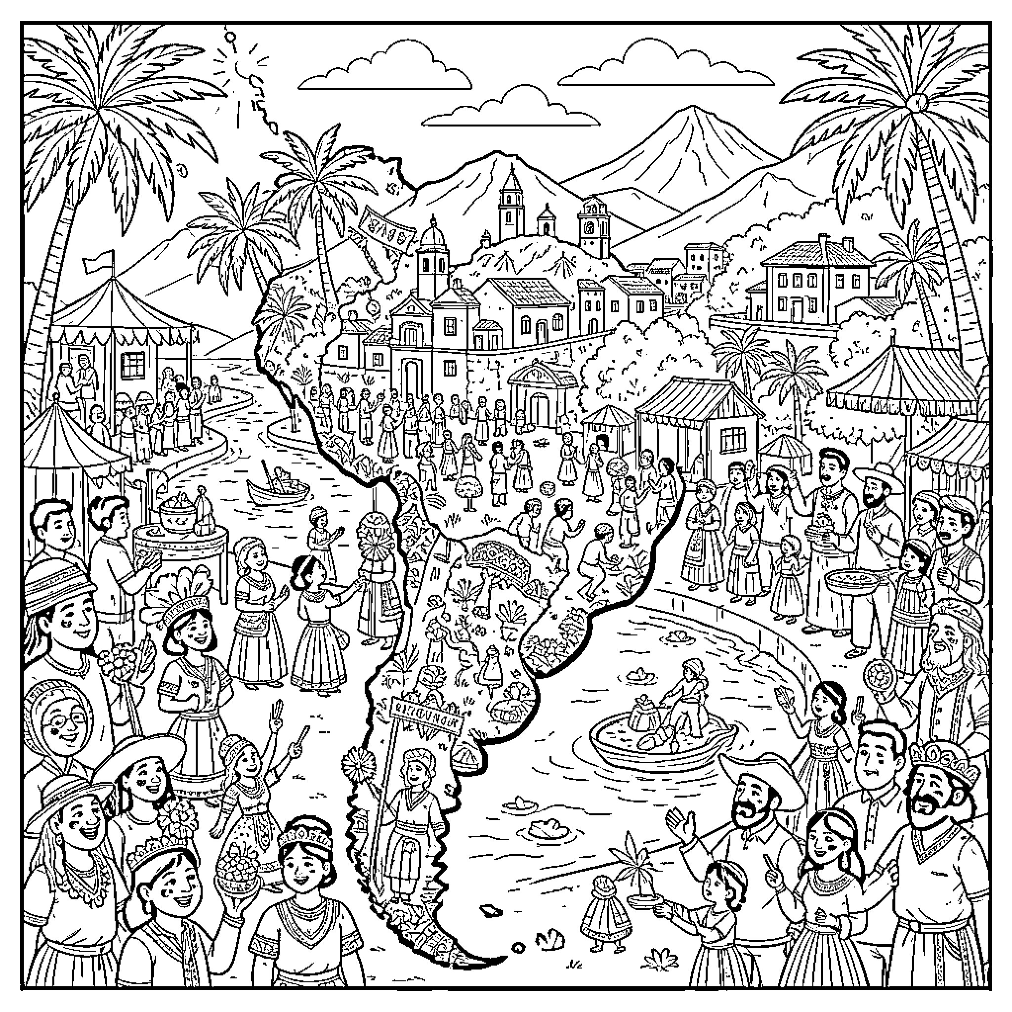 Latin America vibrant festival with diverse people and cultures Coloring Page (free black-and-white line drawing printable PDF for all, from beginners to advanced learners, including children, teens, adults, and seniors)