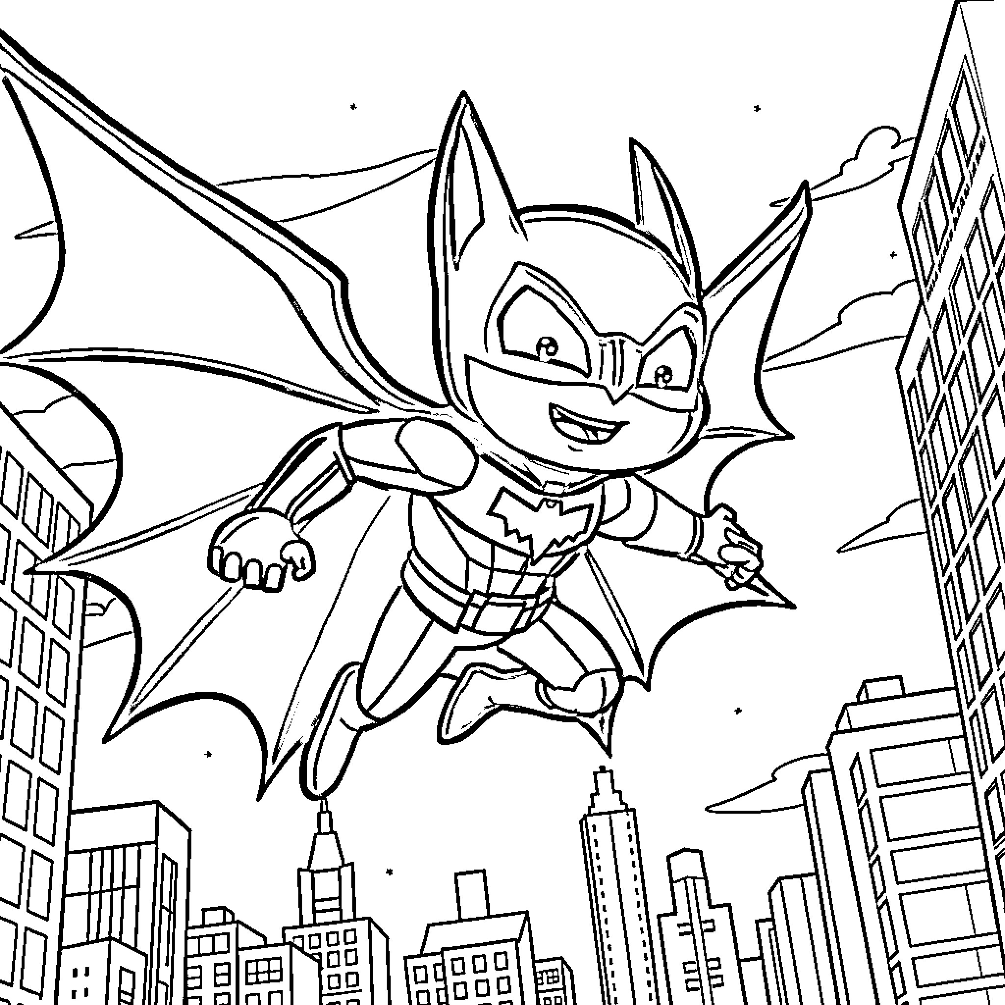 Batfink soaring over the city skyline Coloring Page (free black-and-white line drawing printable PDF for all, from beginners to advanced learners, including children, teens, adults, and seniors)
