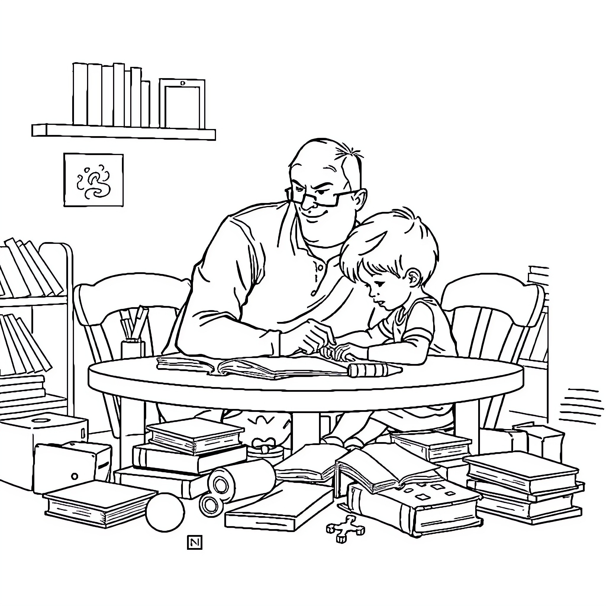 Dad helps child with homework in cozy study room Coloring Page (free black-and-white line drawing printable PDF for all, from beginners to advanced learners, including children, teens, adults, and seniors)