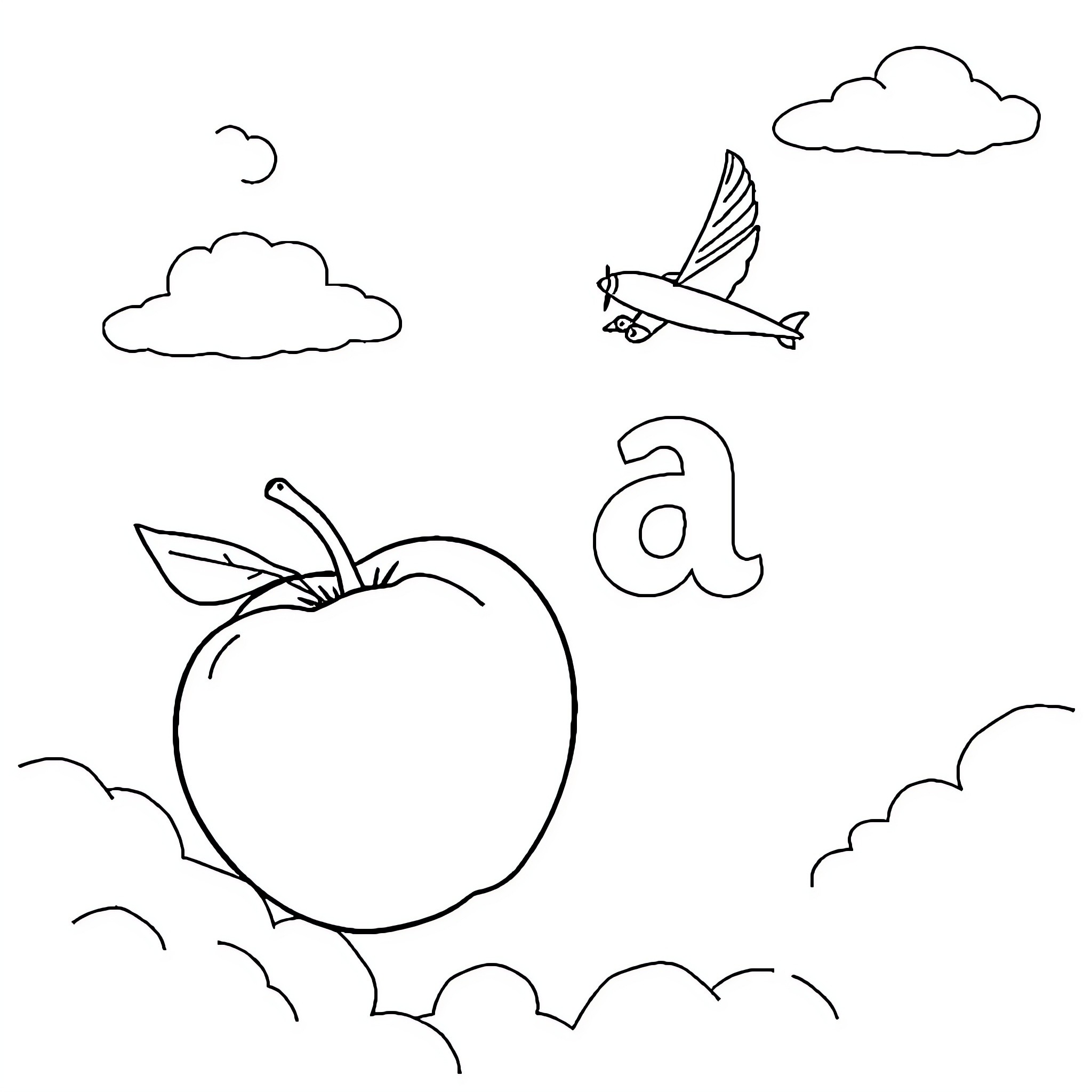 Letter A: Airborne apple and avian adventures Coloring Page (free black-and-white line drawing printable PDF for all, from beginners to advanced learners, including children, teens, adults, and seniors)