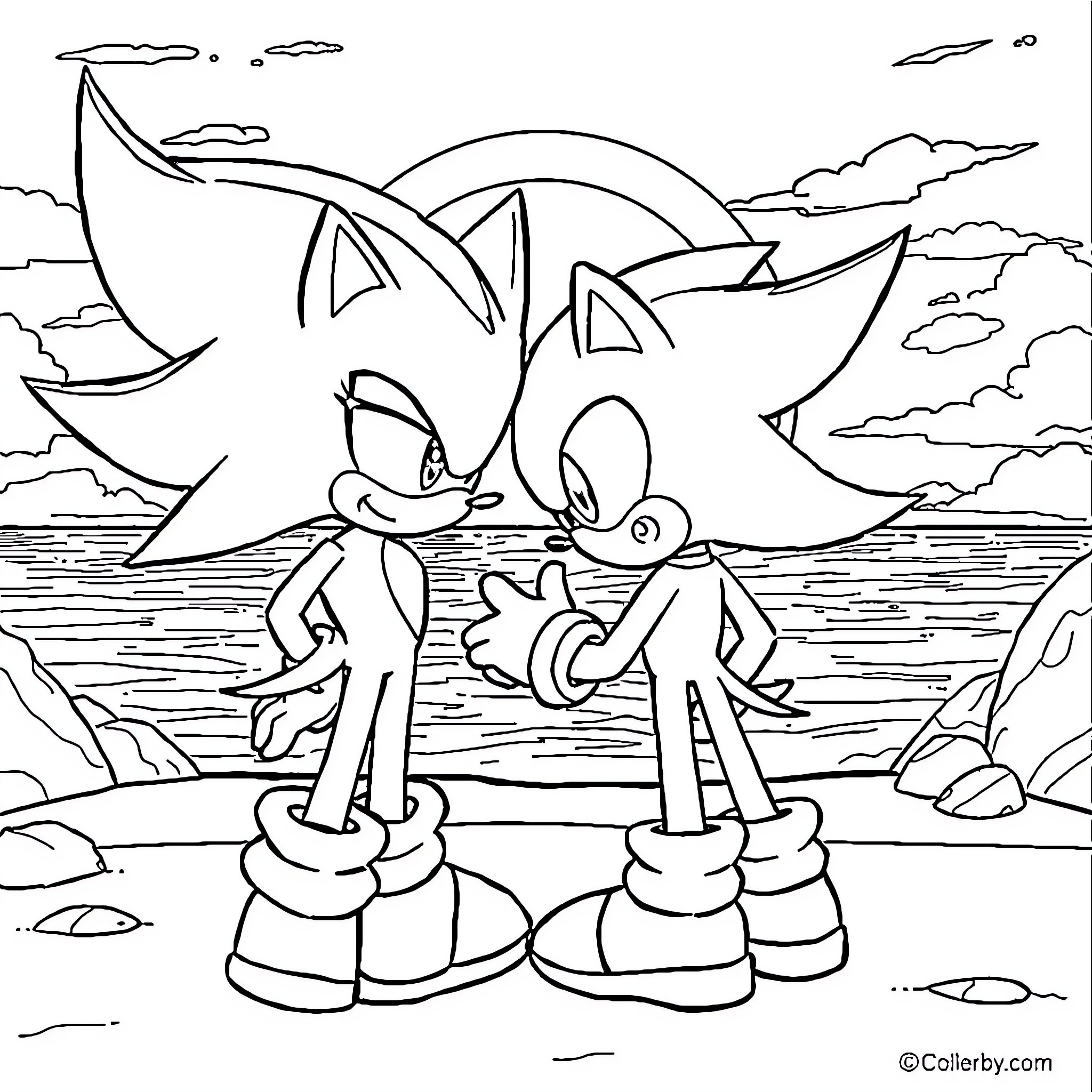 Shadow Duo of Sonic Adventure Coloring Page (free black-and-white line drawing printable PDF for all, from beginners to advanced learners, including children, teens, adults, and seniors)