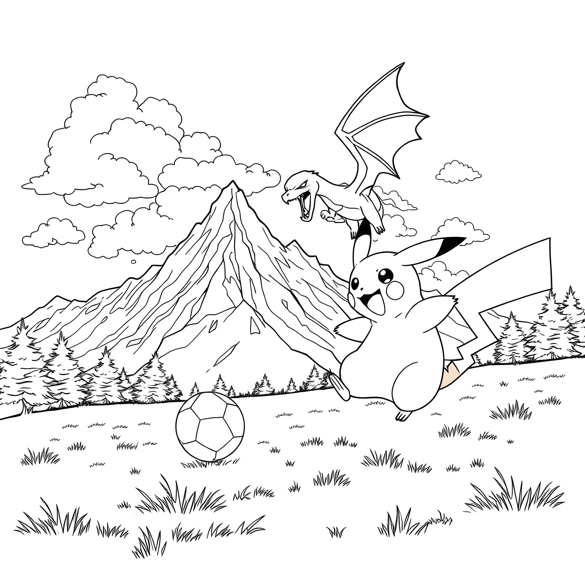 Pikachu playing soccer with dragon in the mountains Coloring Page (free black-and-white line drawing printable PDF for all, from beginners to advanced learners, including children, teens, adults, and seniors)