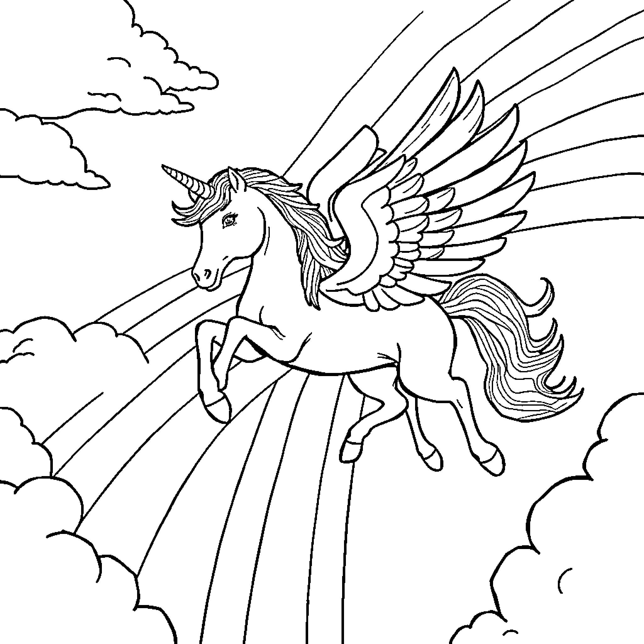 Unicorn soaring through the skies with wings Coloring Page (free black-and-white line drawing printable PDF for all, from beginners to advanced learners, including children, teens, adults, and seniors)