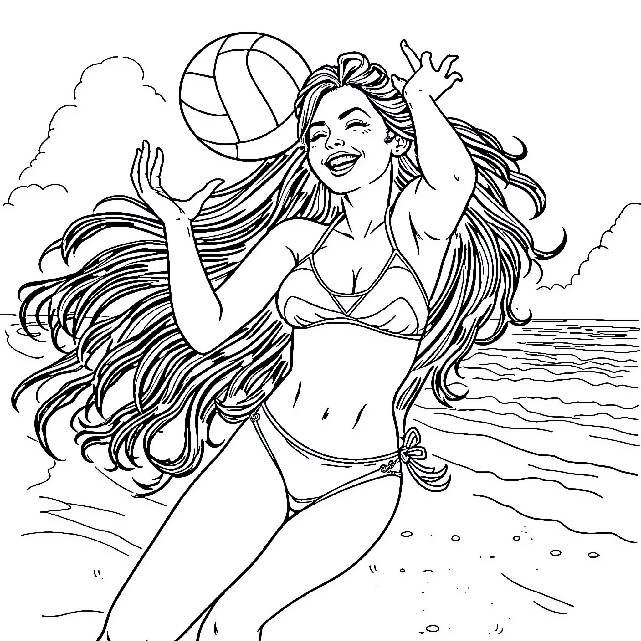 Pinup Girl Enjoying Beach Volleyball on the Shore Coloring Page (free black-and-white line drawing printable PDF for all, from beginners to advanced learners, including children, teens, adults, and seniors)
