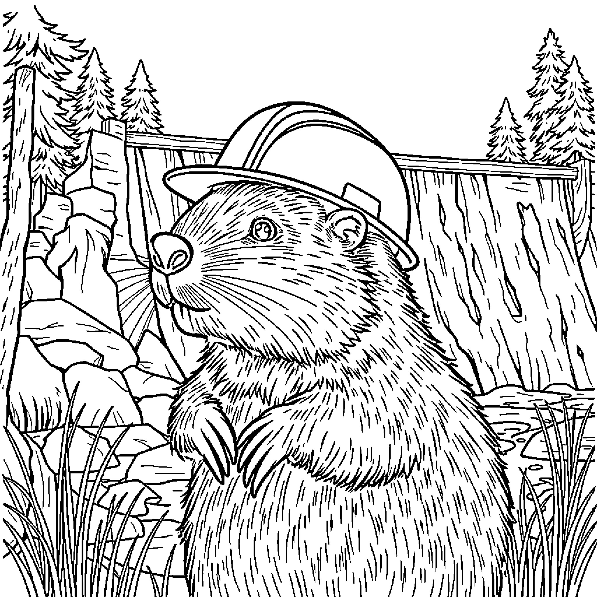 Beaver exploring the wilderness Coloring Page (free black-and-white line drawing printable PDF for all, from beginners to advanced learners, including children, teens, adults, and seniors)