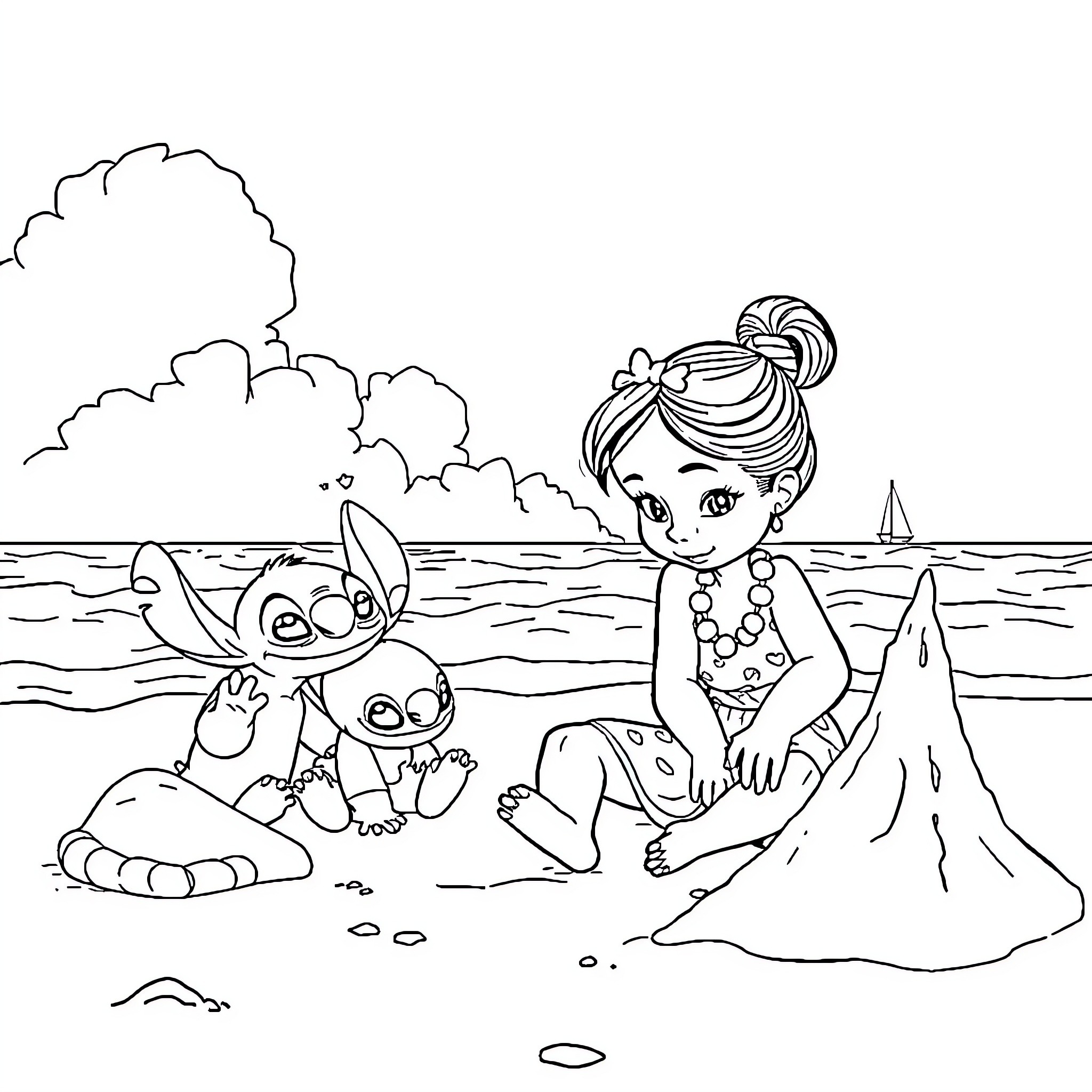 Lilo And Stitch Playing on the Beach Coloring Page (free black-and-white line drawing printable PDF for all, from beginners to advanced learners, including children, teens, adults, and seniors)