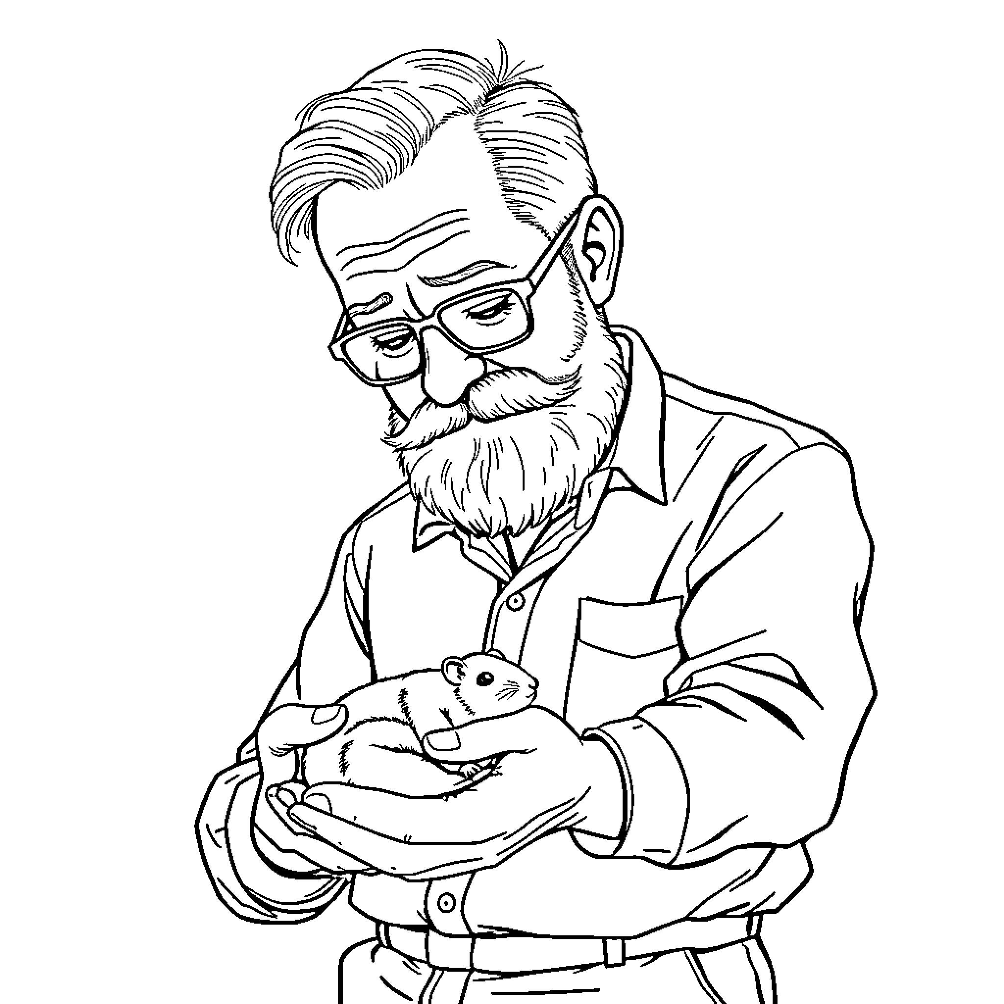 Teacher Holding a Small Pet Affectionately Coloring Page (free black-and-white line drawing printable PDF for all, from beginners to advanced learners, including children, teens, adults, and seniors)