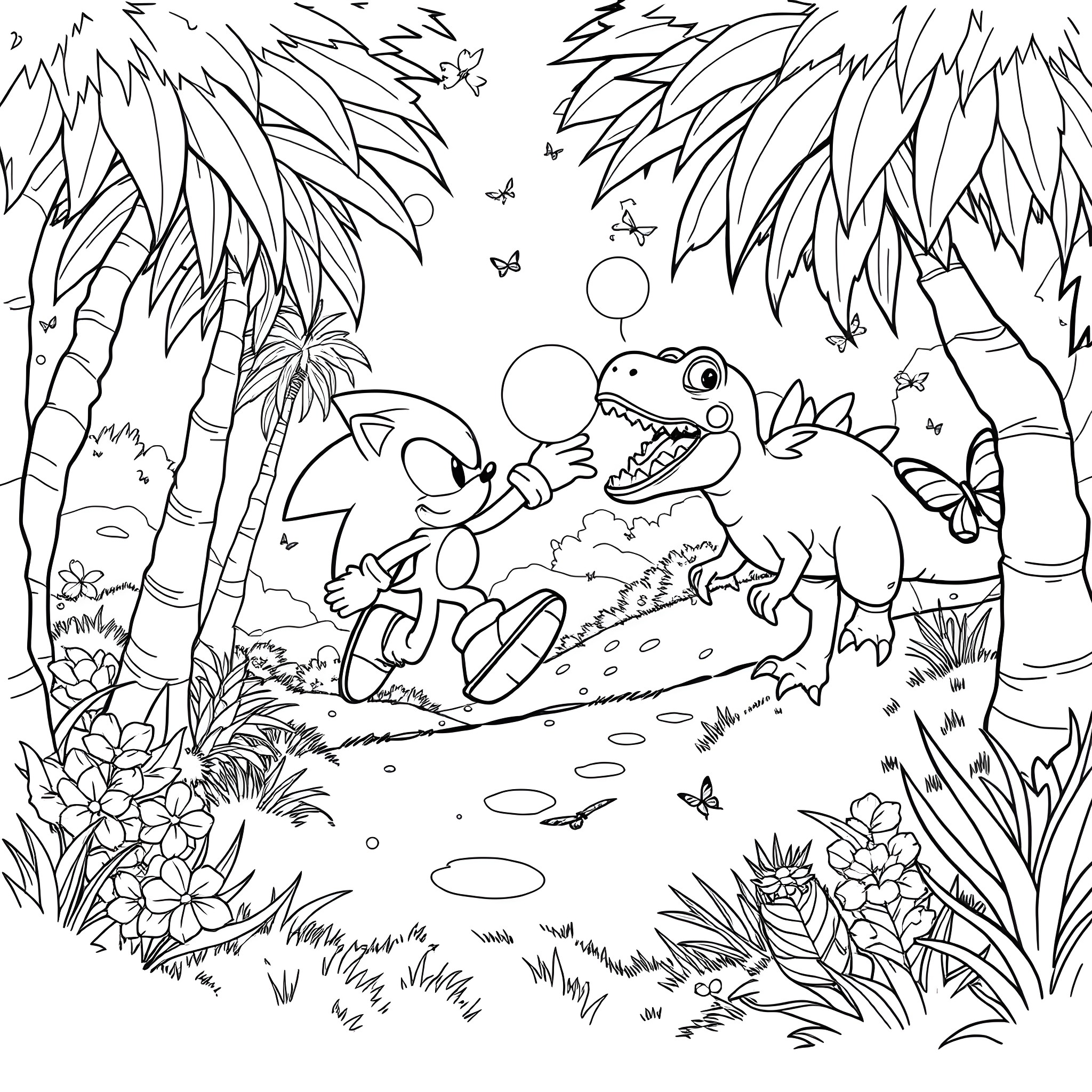 Sonic's Tropical Adventure with Friendly Creatures Coloring Page (free black-and-white line drawing printable PDF for all, from beginners to advanced learners, including children, teens, adults, and seniors)