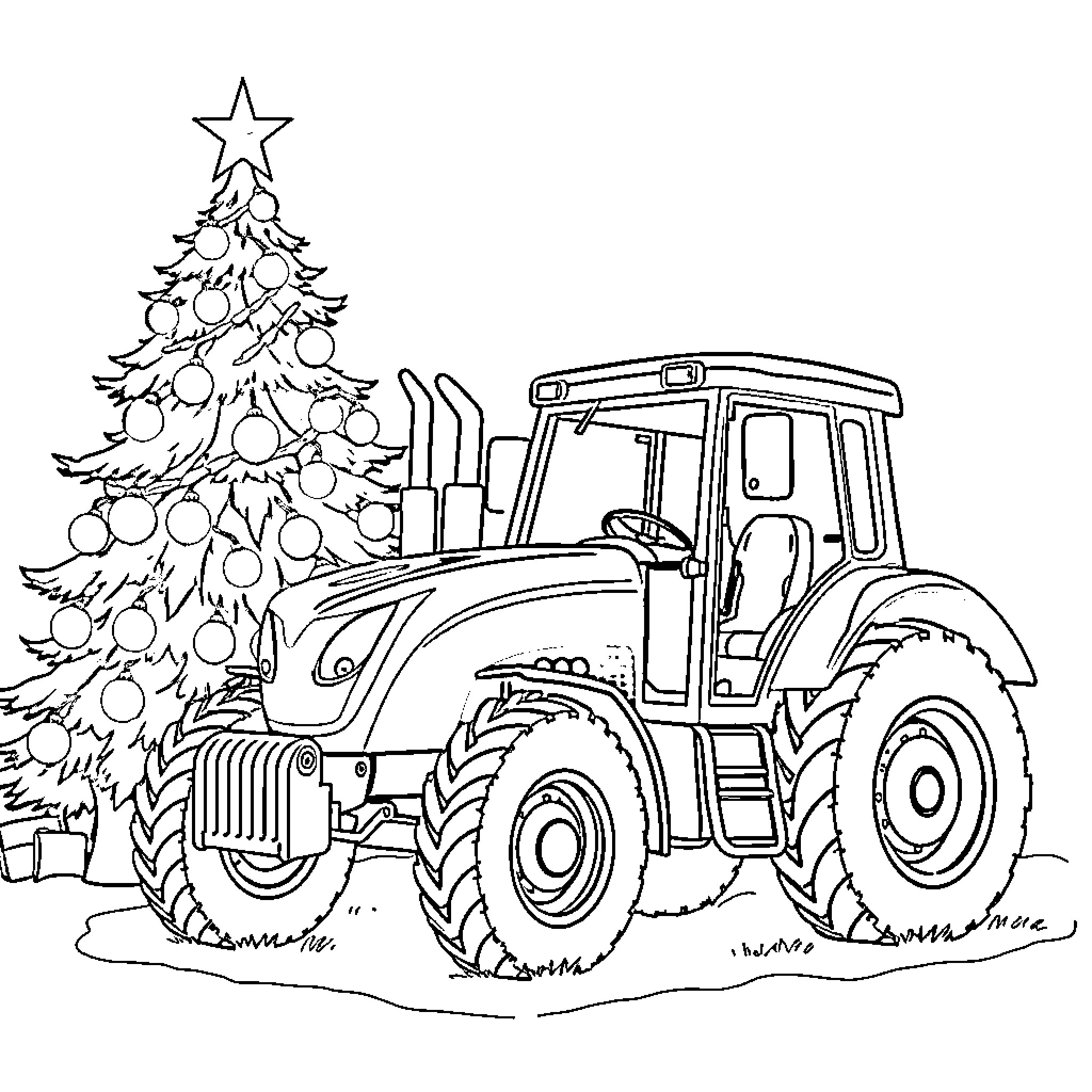 Tractor decorating festive Christmas tree Coloring Page (free black-and-white line drawing printable PDF for all, from beginners to advanced learners, including children, teens, adults, and seniors)