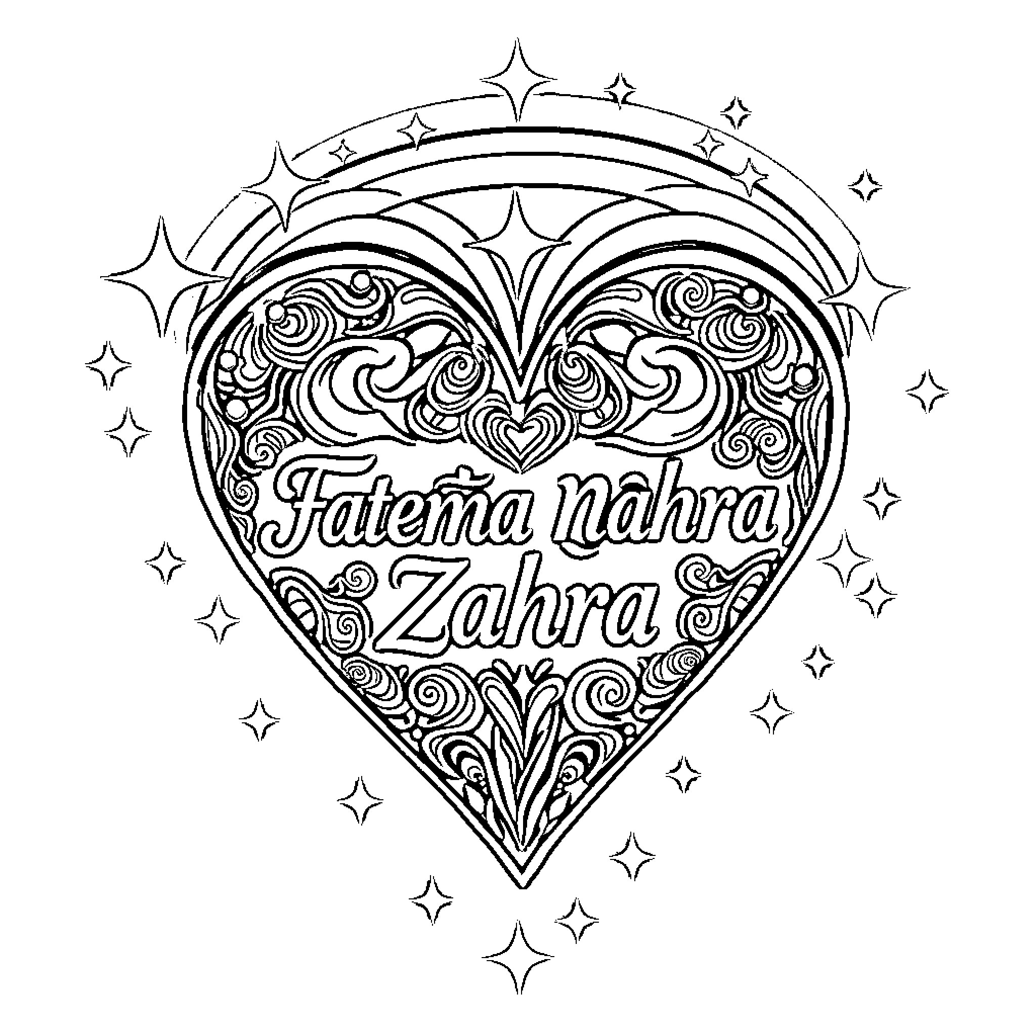 Heart with Decorative Floral Patterns and Text Coloring Page (free black-and-white line drawing printable PDF for all, from beginners to advanced learners, including children, teens, adults, and seniors)