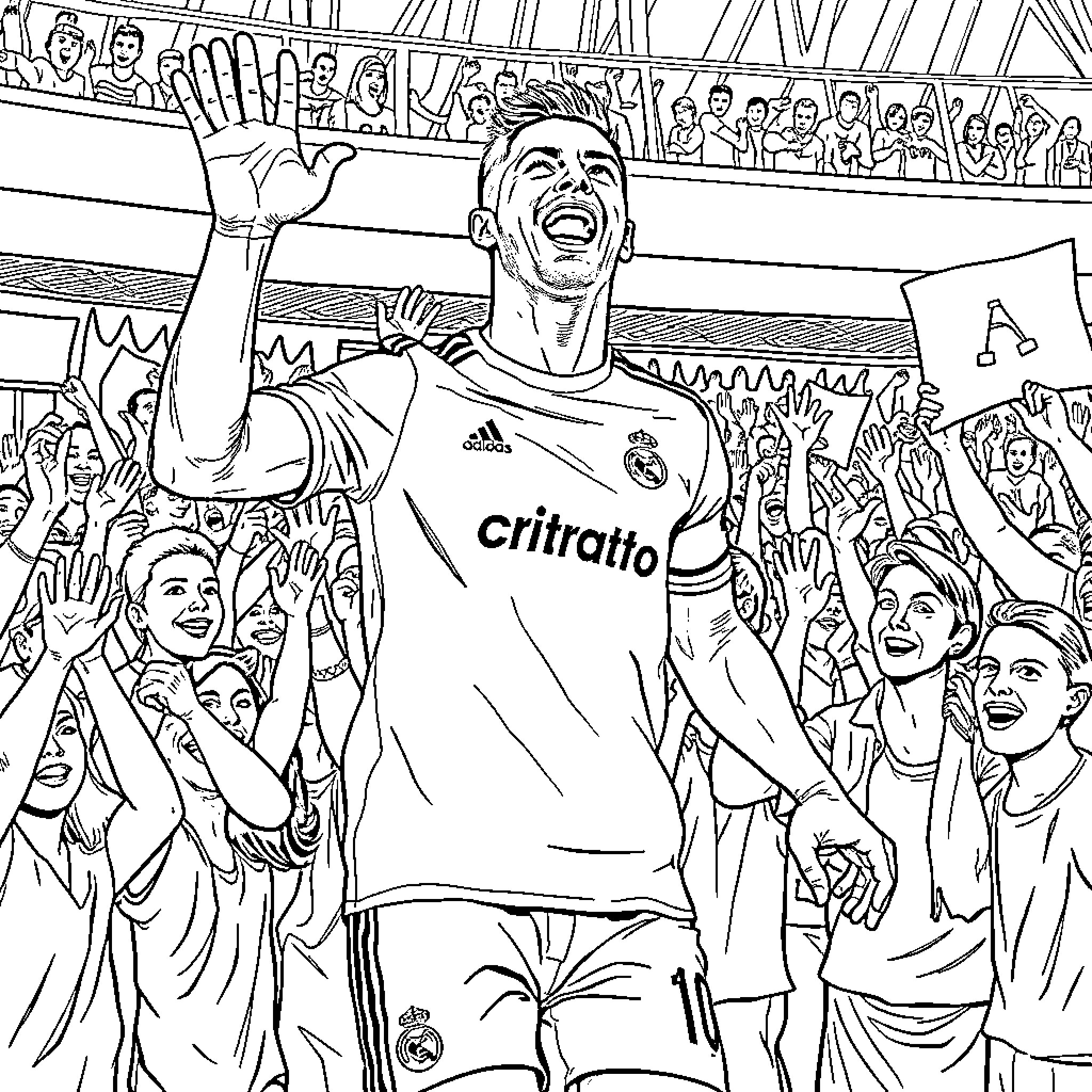 Cristiano Ronaldo celebrates triumphantly before adoring fans Coloring Page (free black-and-white line drawing printable PDF for all, from beginners to advanced learners, including children, teens, adults, and seniors)