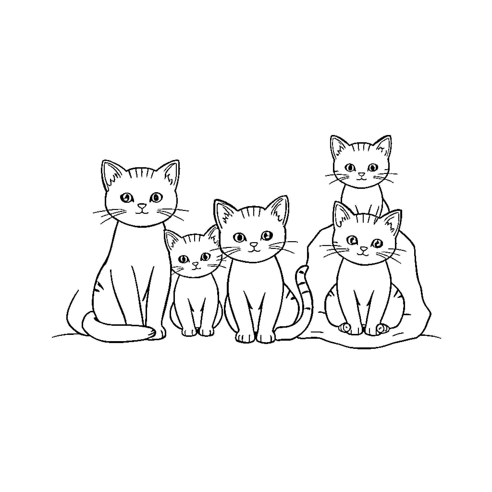 Cat family of four sitting together Coloring Page (free black-and-white line drawing printable PDF for all, from beginners to advanced learners, including children, teens, adults, and seniors)