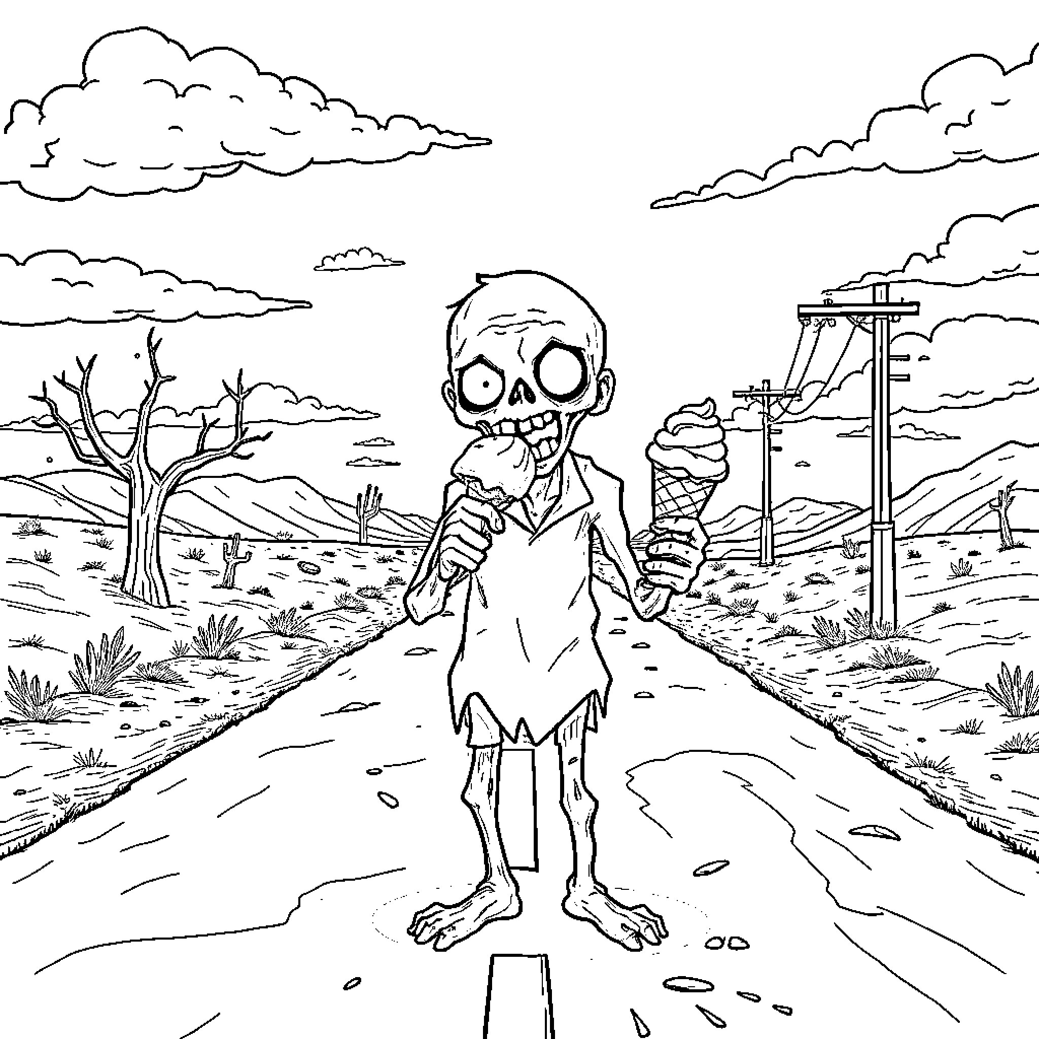 Zombie wandering through a desolate, post-apocalyptic landscape Coloring Page (free black-and-white line drawing printable PDF for all, from beginners to advanced learners, including children, teens, adults, and seniors)