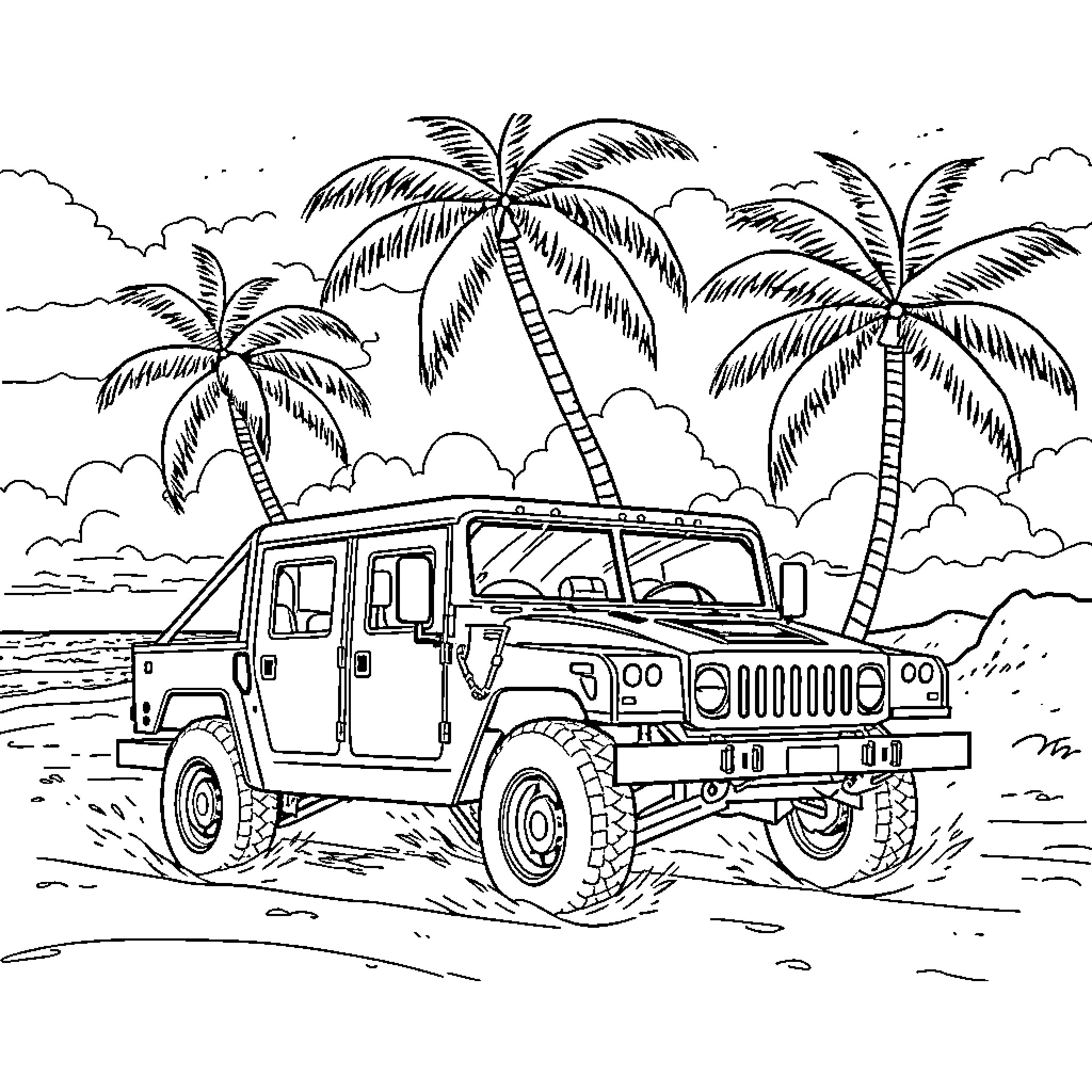 Humvee parked under palm trees on a tropical beach Coloring Page (free black-and-white line drawing printable PDF for all, from beginners to advanced learners, including children, teens, adults, and seniors)