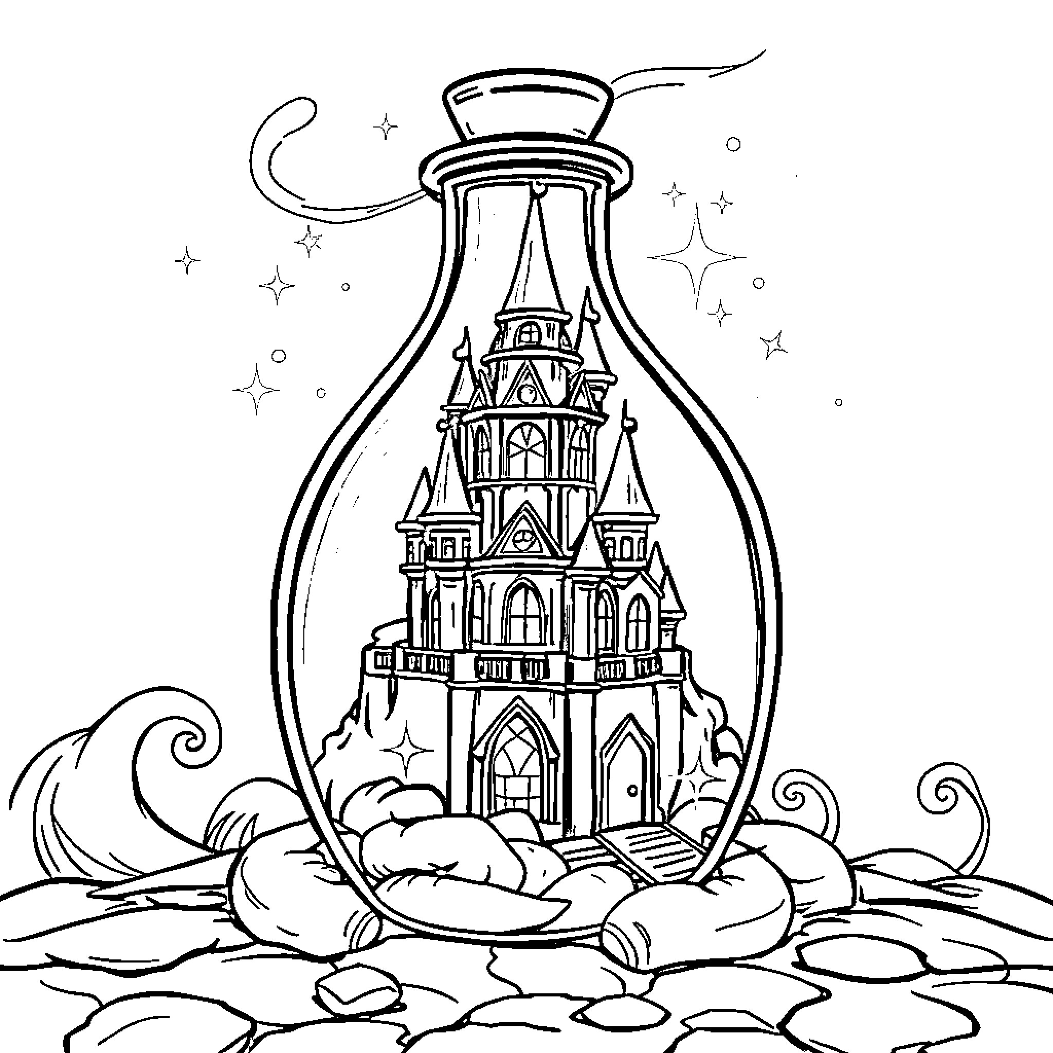 Castle in a Bottle: Whimsical Enchantment Coloring Page (free black-and-white line drawing printable PDF for all, from beginners to advanced learners, including children, teens, adults, and seniors)