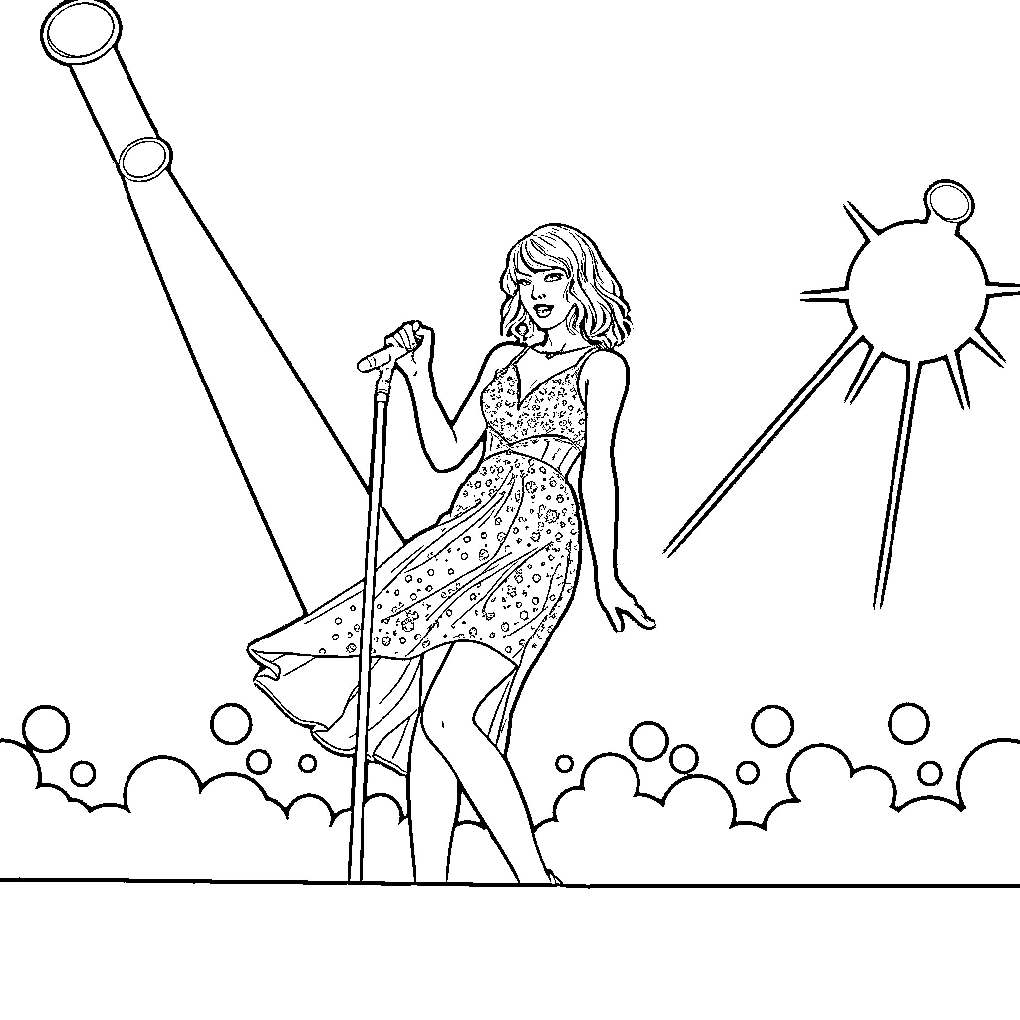 Taylor Swift performing on stage with a microphone Coloring Page (free black-and-white line drawing printable PDF for all, from beginners to advanced learners, including children, teens, adults, and seniors)