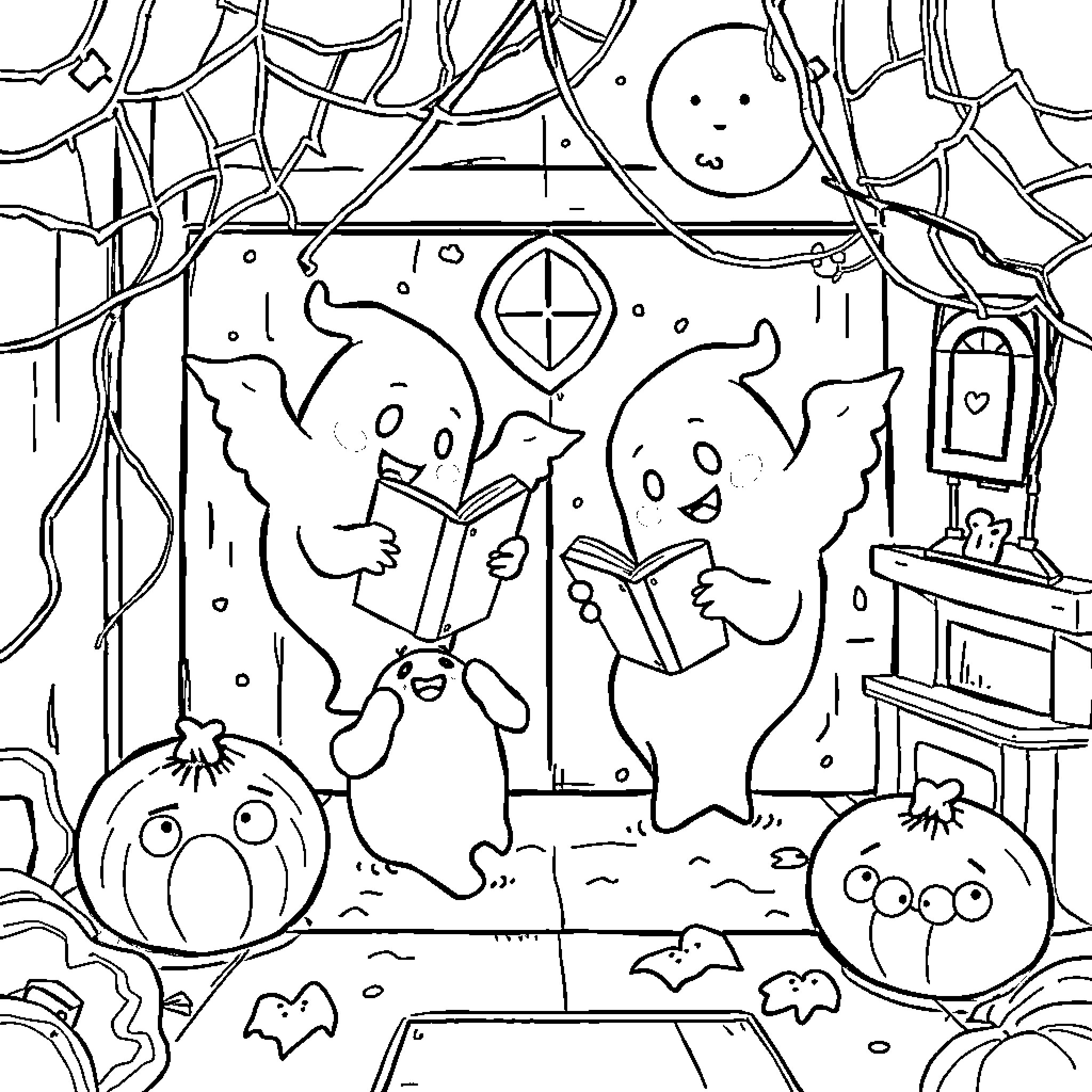 Ghost friends sharing a spooky story Coloring Page (free black-and-white line drawing printable PDF for all, from beginners to advanced learners, including children, teens, adults, and seniors)