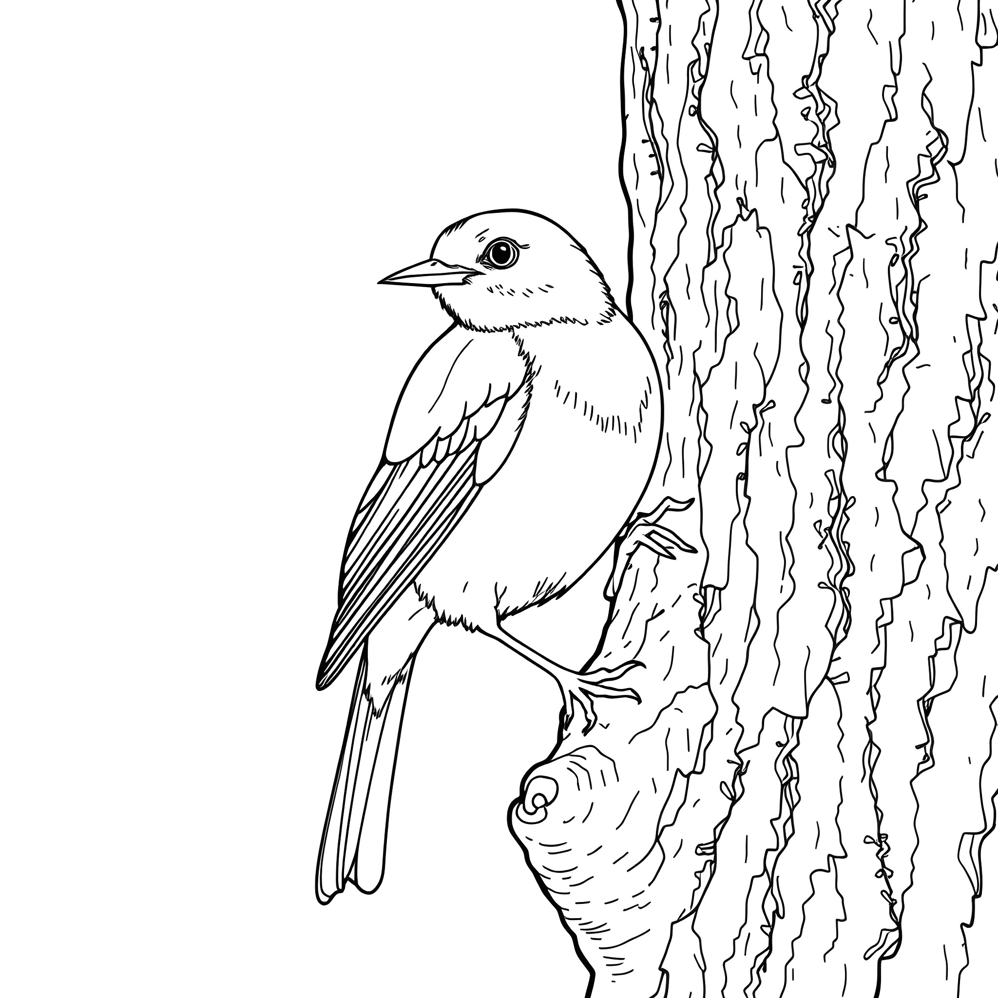 Honeycreeper perched on branch with textured bark Coloring Page (free black-and-white line drawing printable PDF for all, from beginners to advanced learners, including children, teens, adults, and seniors)
