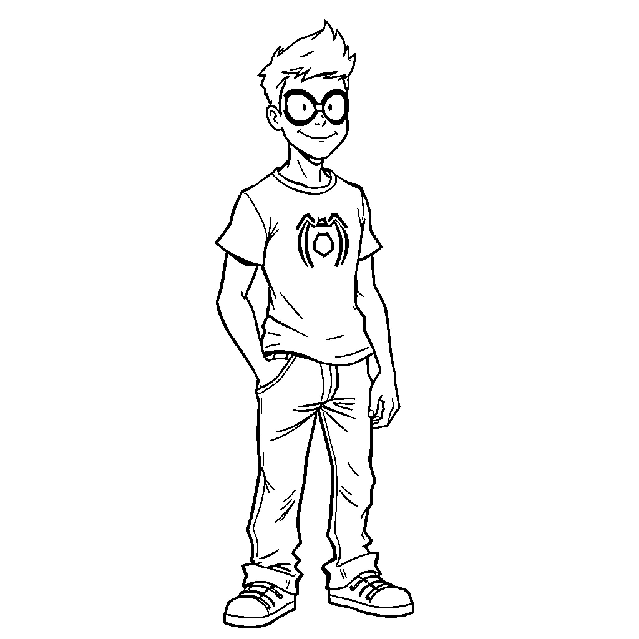 Peter Parker smiling in casual outfit Coloring Page (free black-and-white line drawing printable PDF for all, from beginners to advanced learners, including children, teens, adults, and seniors)