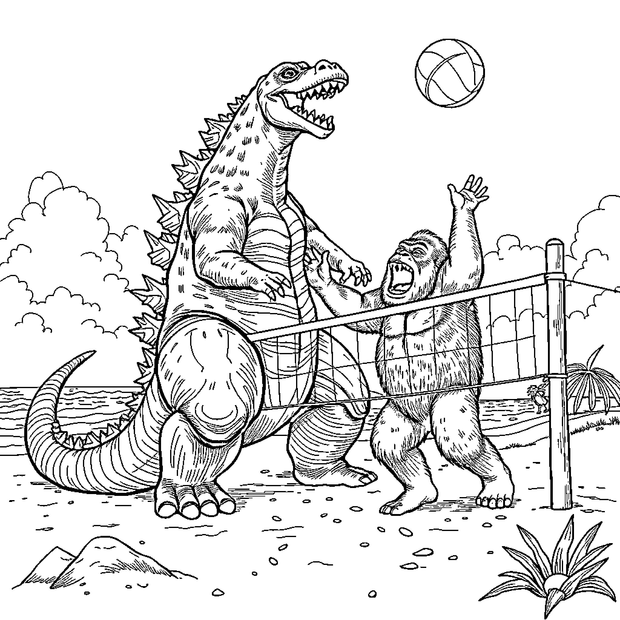 Godzilla playing volleyball with a Sasquatch on the beach Coloring Page (free black-and-white line drawing printable PDF for all, from beginners to advanced learners, including children, teens, adults, and seniors)