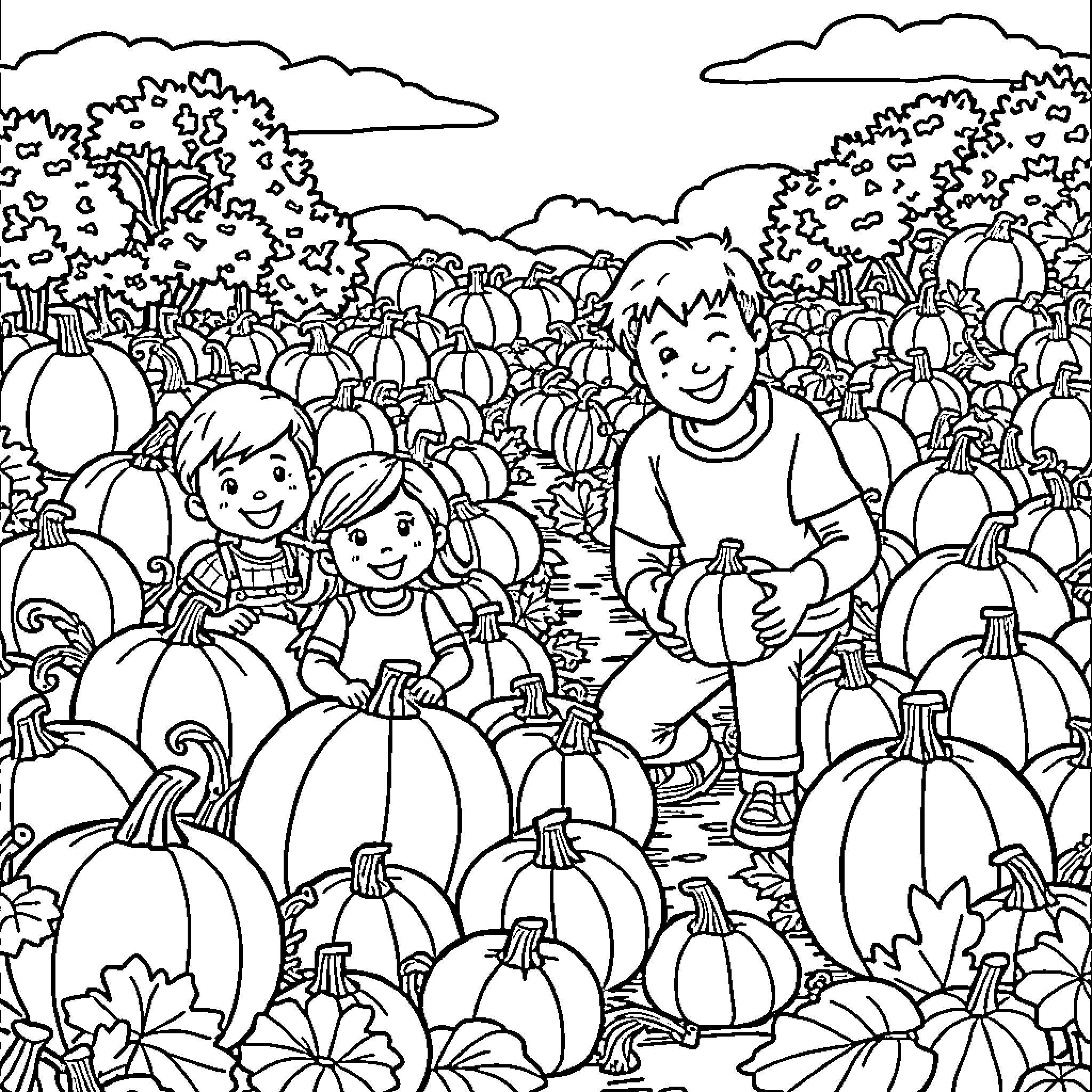 Family enjoying a pumpkin patch in autumn Coloring Page (free black-and-white line drawing printable PDF for all, from beginners to advanced learners, including children, teens, adults, and seniors)