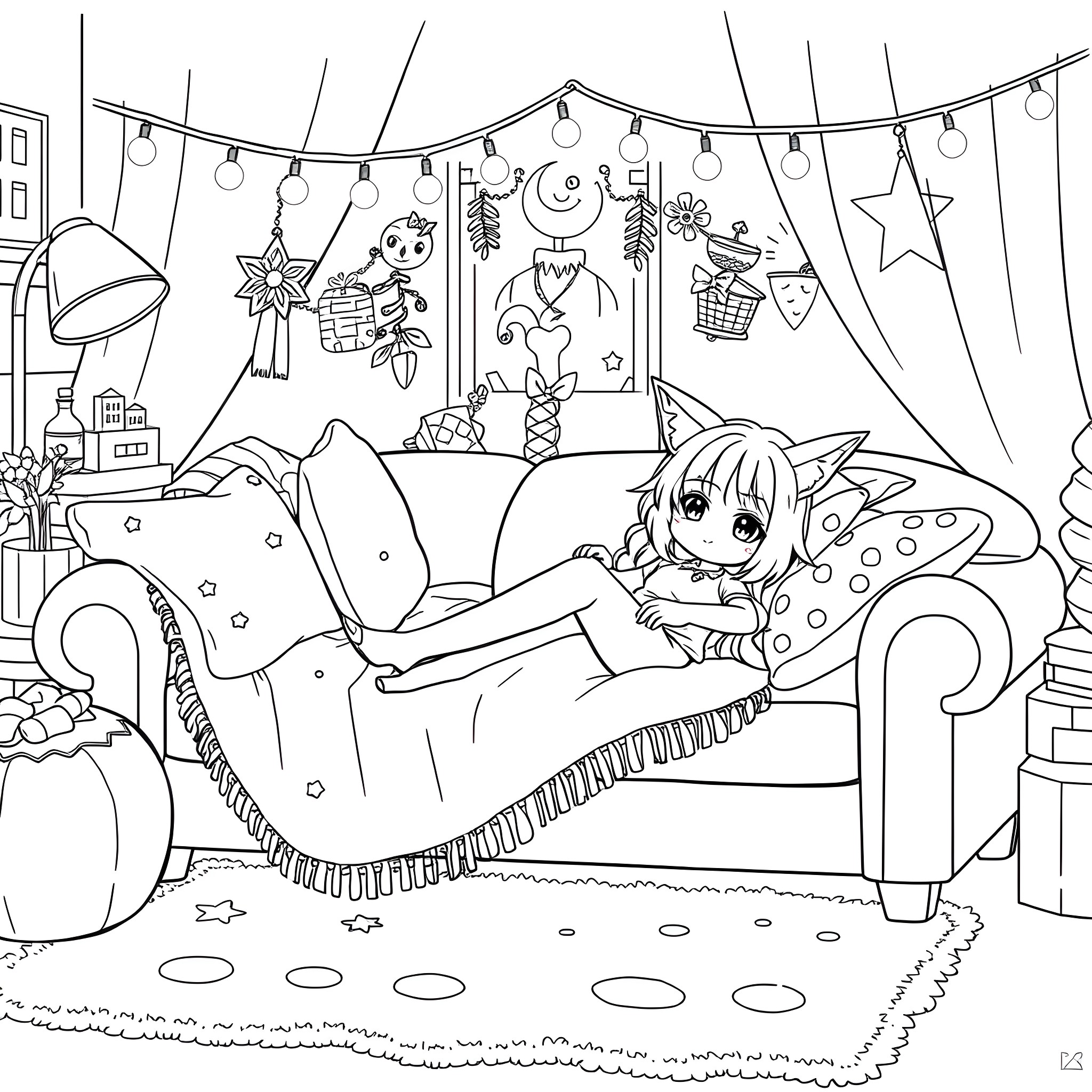 Kuromi's Cozy Bedroom Coloring Page (free black-and-white line drawing printable PDF for all, from beginners to advanced learners, including children, teens, adults, and seniors)