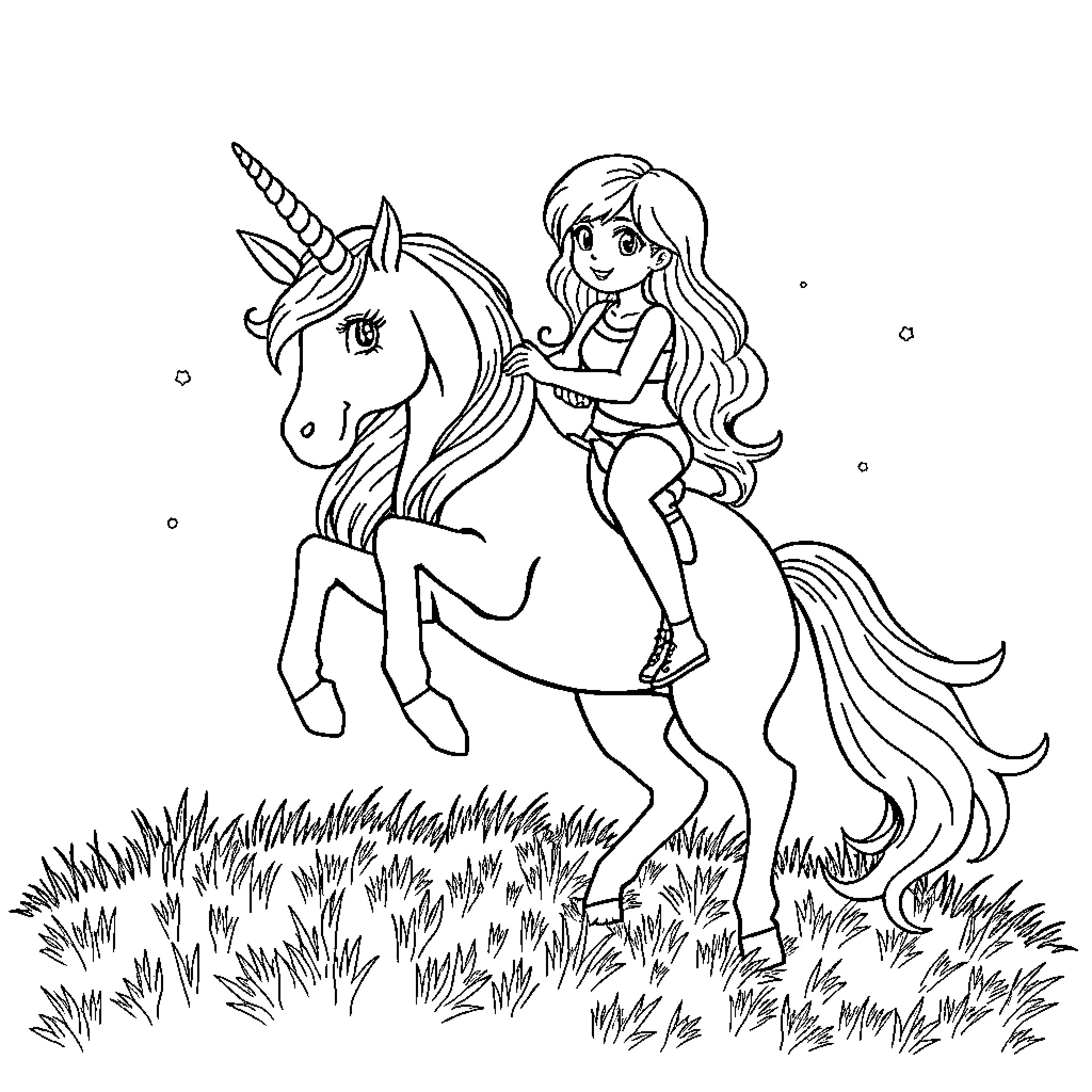Steetch Riding Magical Unicorn through Enchanted Field Coloring Page (free black-and-white line drawing printable PDF for all, from beginners to advanced learners, including children, teens, adults, and seniors)