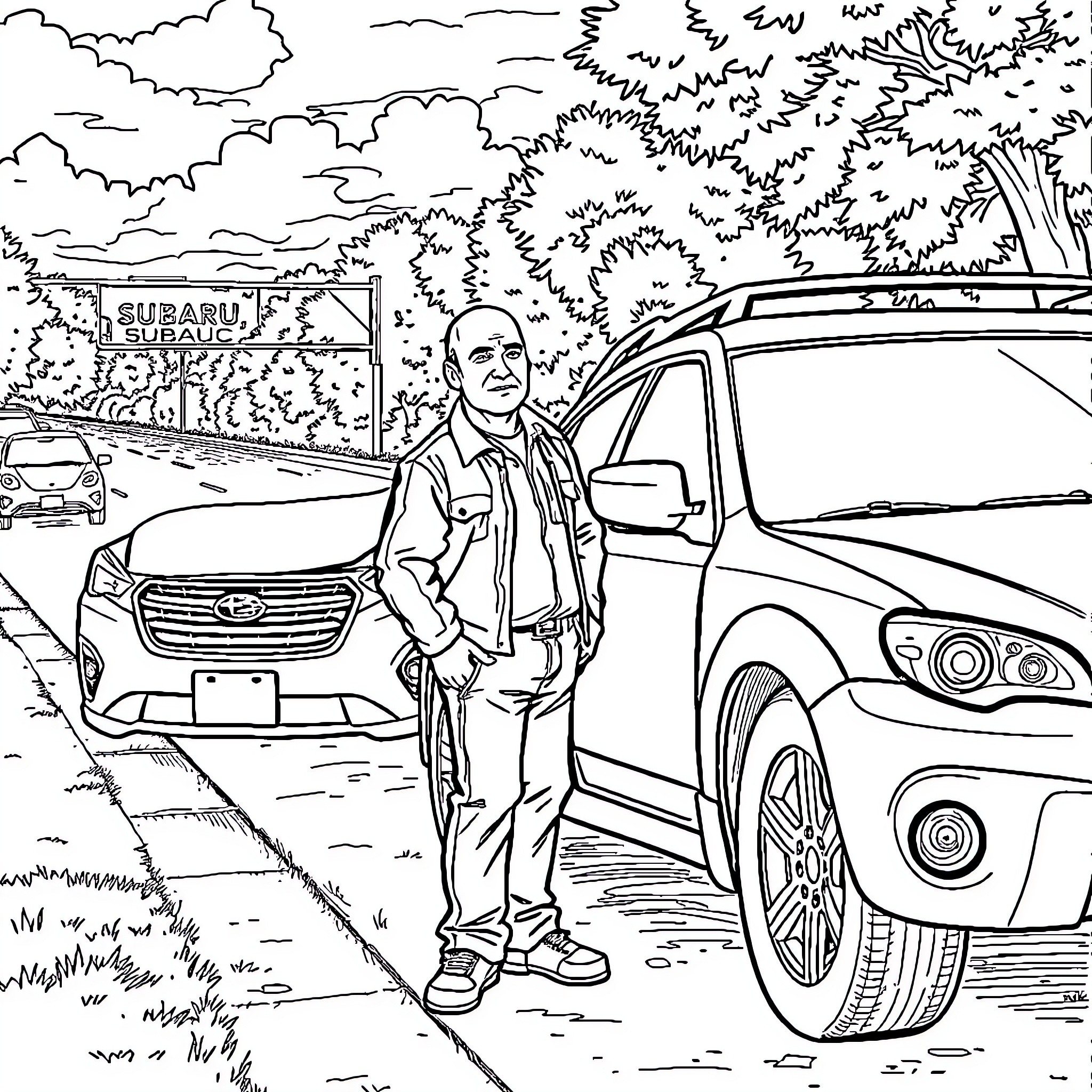 Man standing next to car on rural road Coloring Page (free black-and-white line drawing printable PDF for all, from beginners to advanced learners, including children, teens, adults, and seniors)