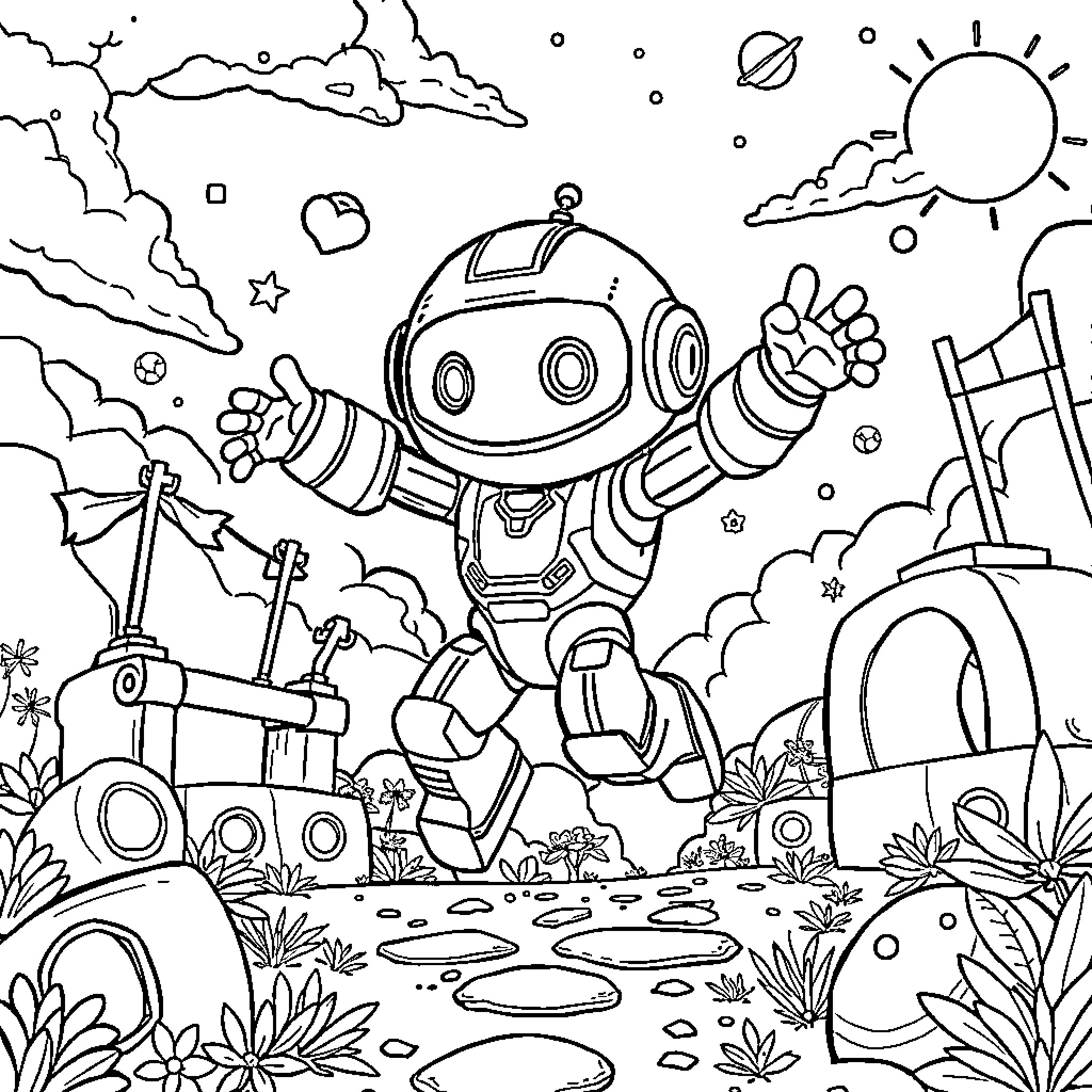 Astro Bot exploring the cosmic landscape Coloring Page (free black-and-white line drawing printable PDF for all, from beginners to advanced learners, including children, teens, adults, and seniors)