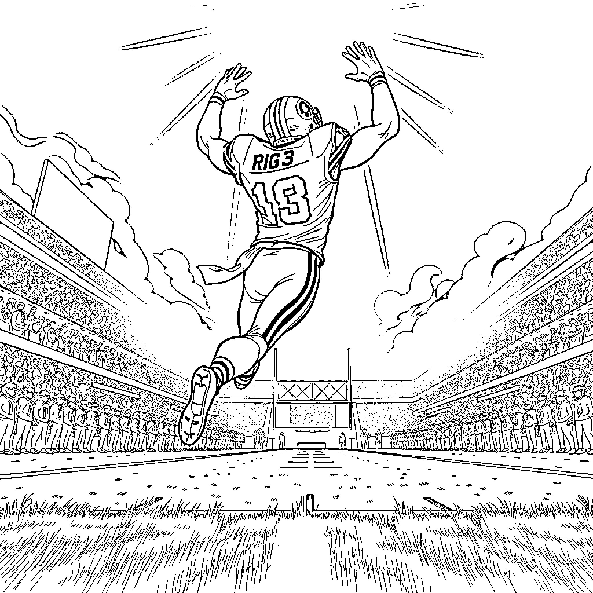 Rg3 soaring through the air in sports stadium Coloring Page (free black-and-white line drawing printable PDF for all, from beginners to advanced learners, including children, teens, adults, and seniors)