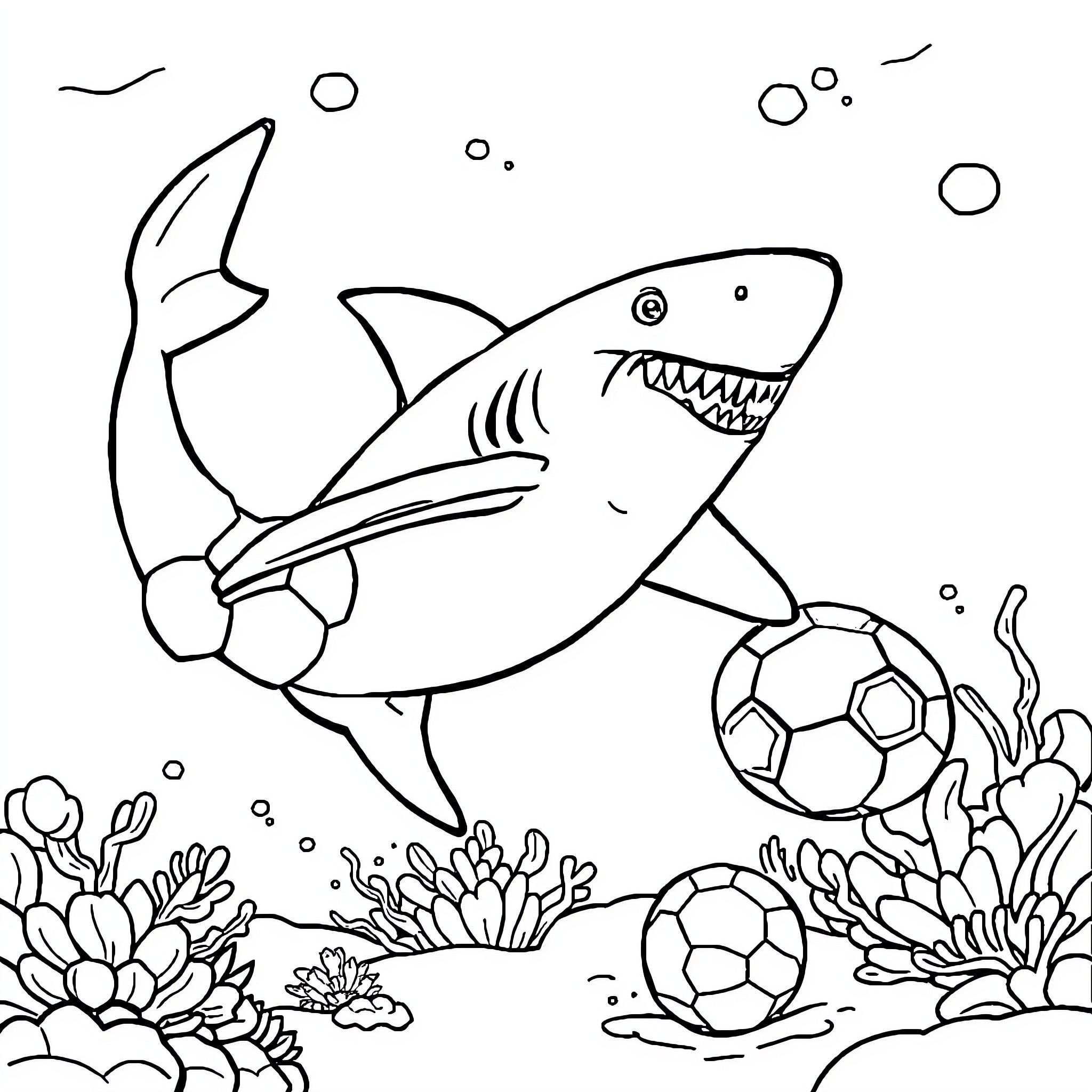 Shark playing with soccer balls underwater Coloring Page (free black-and-white line drawing printable PDF for all, from beginners to advanced learners, including children, teens, adults, and seniors)