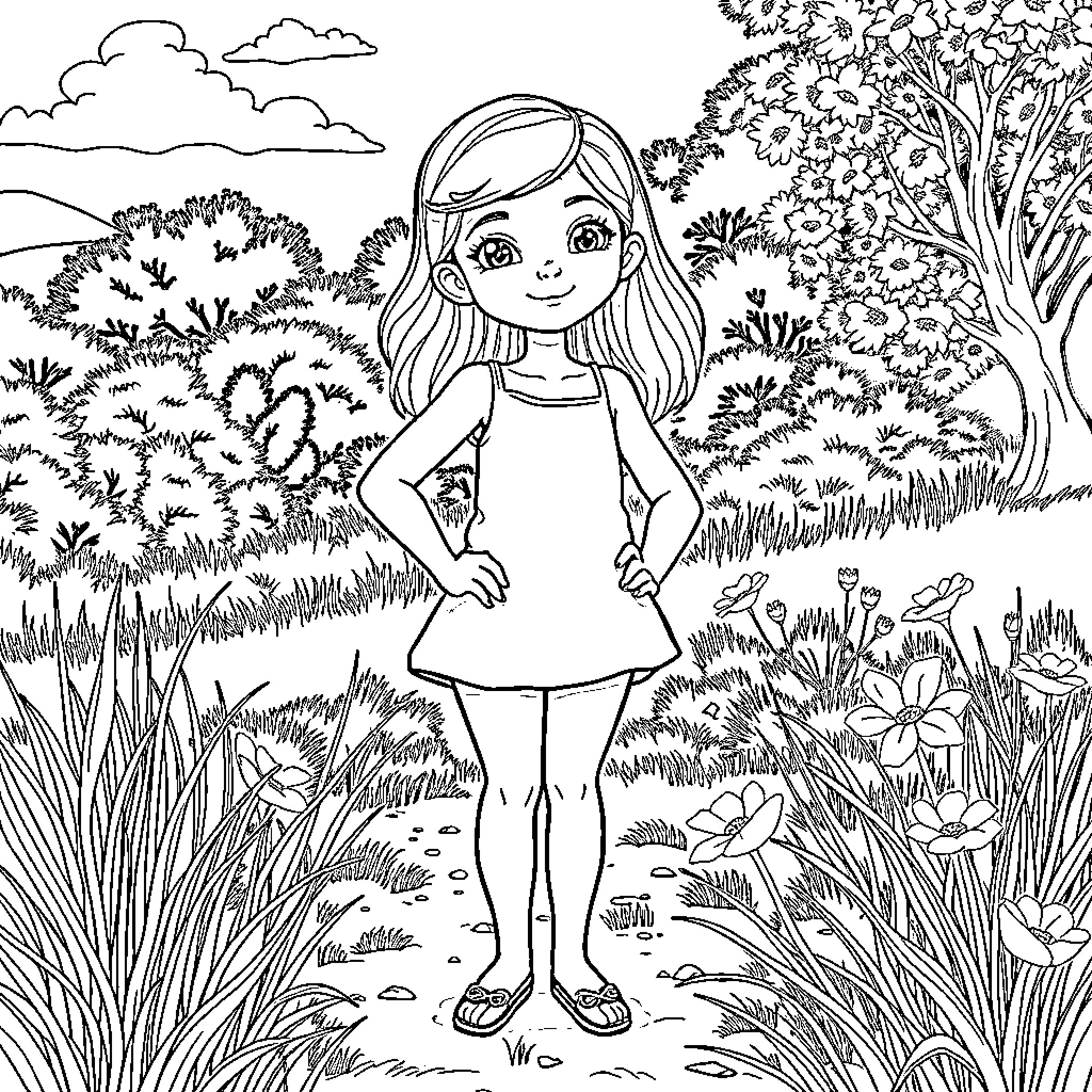 Girl exploring the garden with curiosity Coloring Page (free black-and-white line drawing printable PDF for all, from beginners to advanced learners, including children, teens, adults, and seniors)