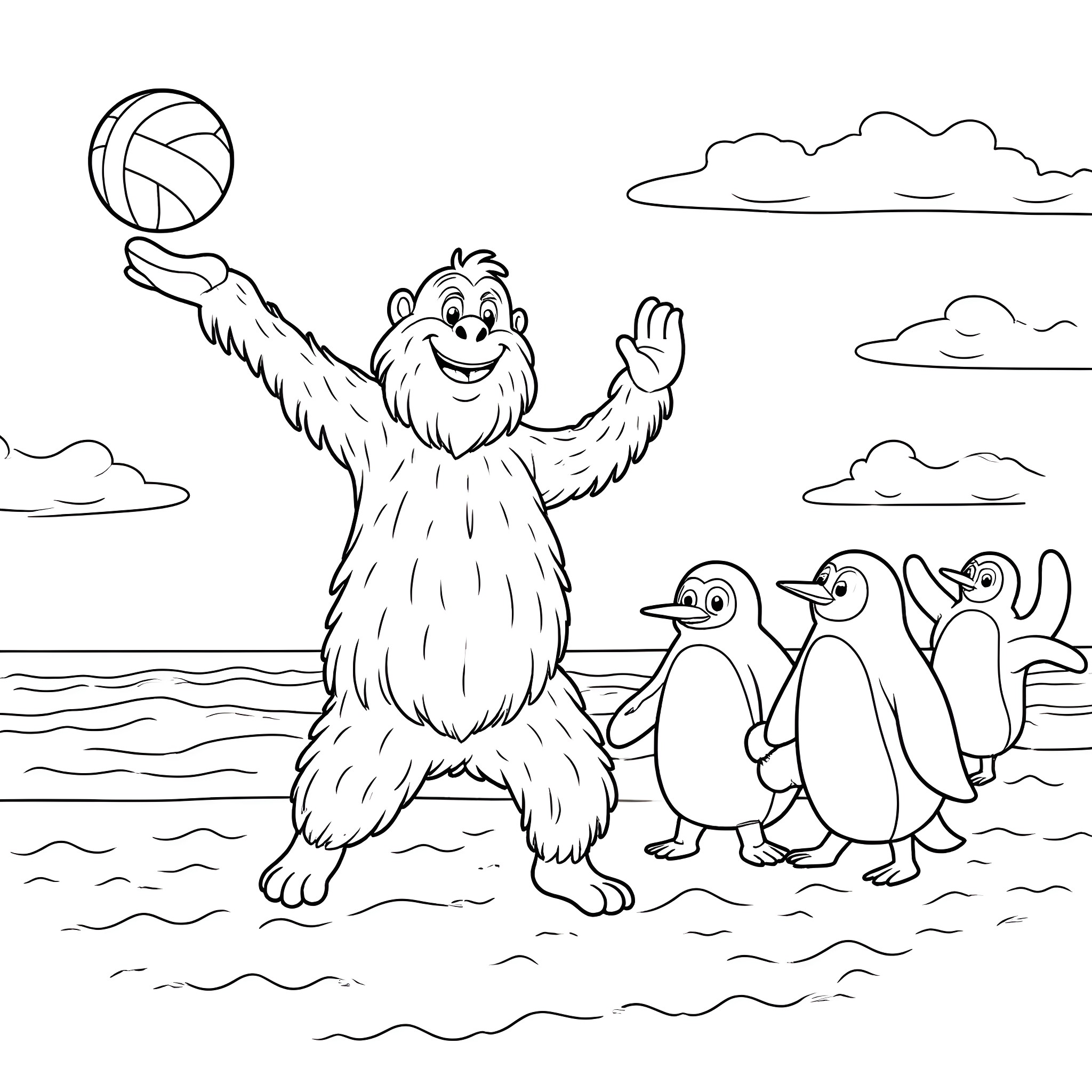 Yeti playing ball with penguins by the sea Coloring Page (free black-and-white line drawing printable PDF for all, from beginners to advanced learners, including children, teens, adults, and seniors)