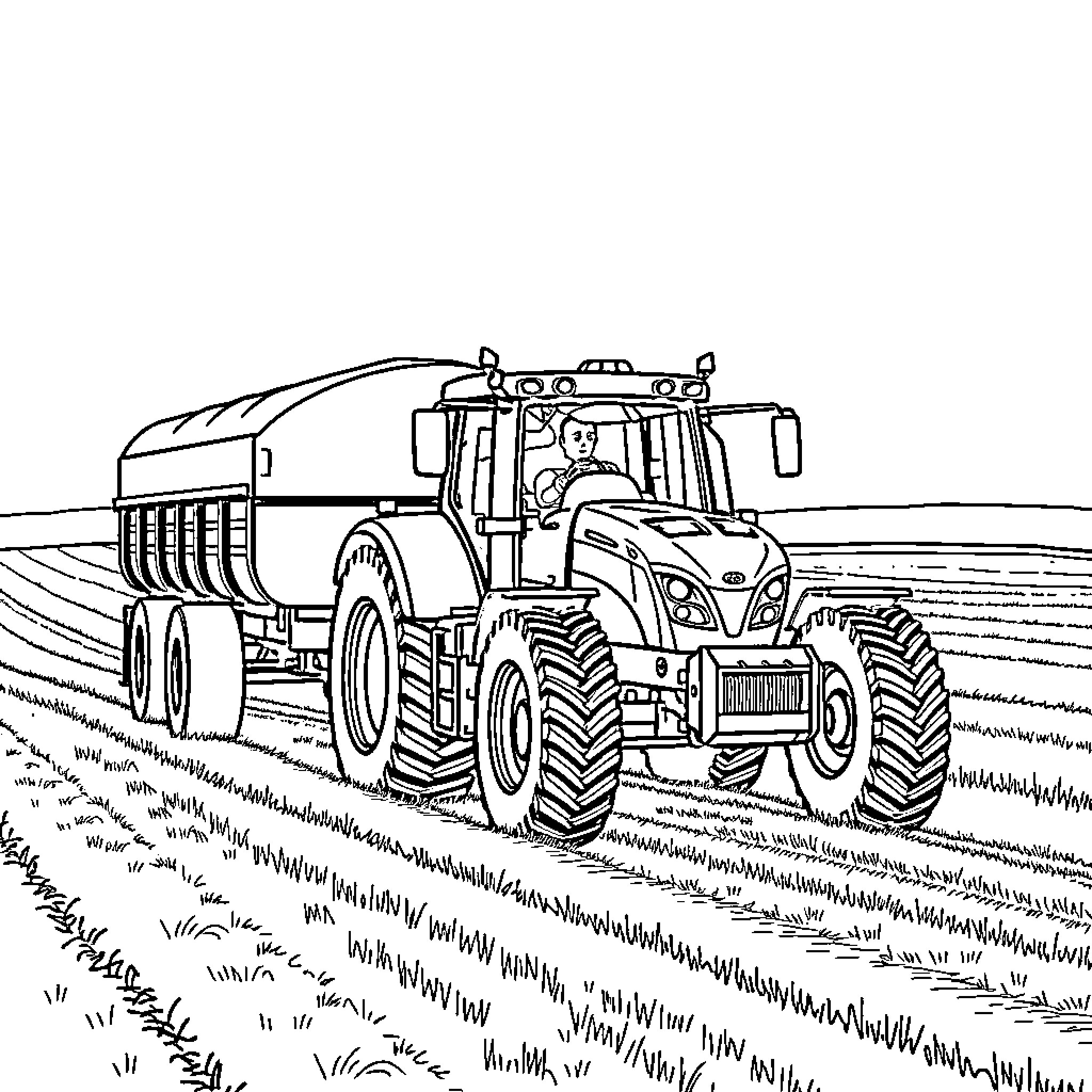 Tractor working in a field Coloring Page (free black-and-white line drawing printable PDF for all, from beginners to advanced learners, including children, teens, adults, and seniors)