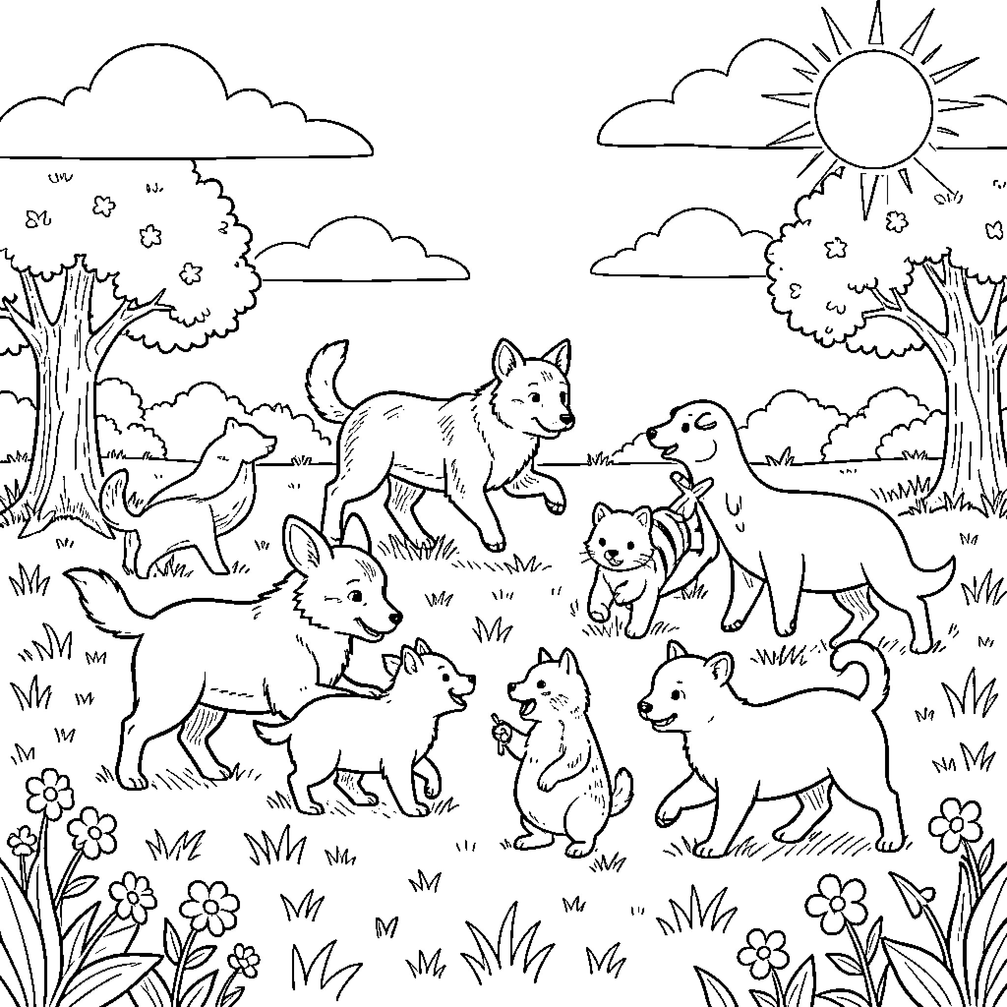 Animal playing and exploring in a natural scene Coloring Page (free black-and-white line drawing printable PDF for all, from beginners to advanced learners, including children, teens, adults, and seniors)