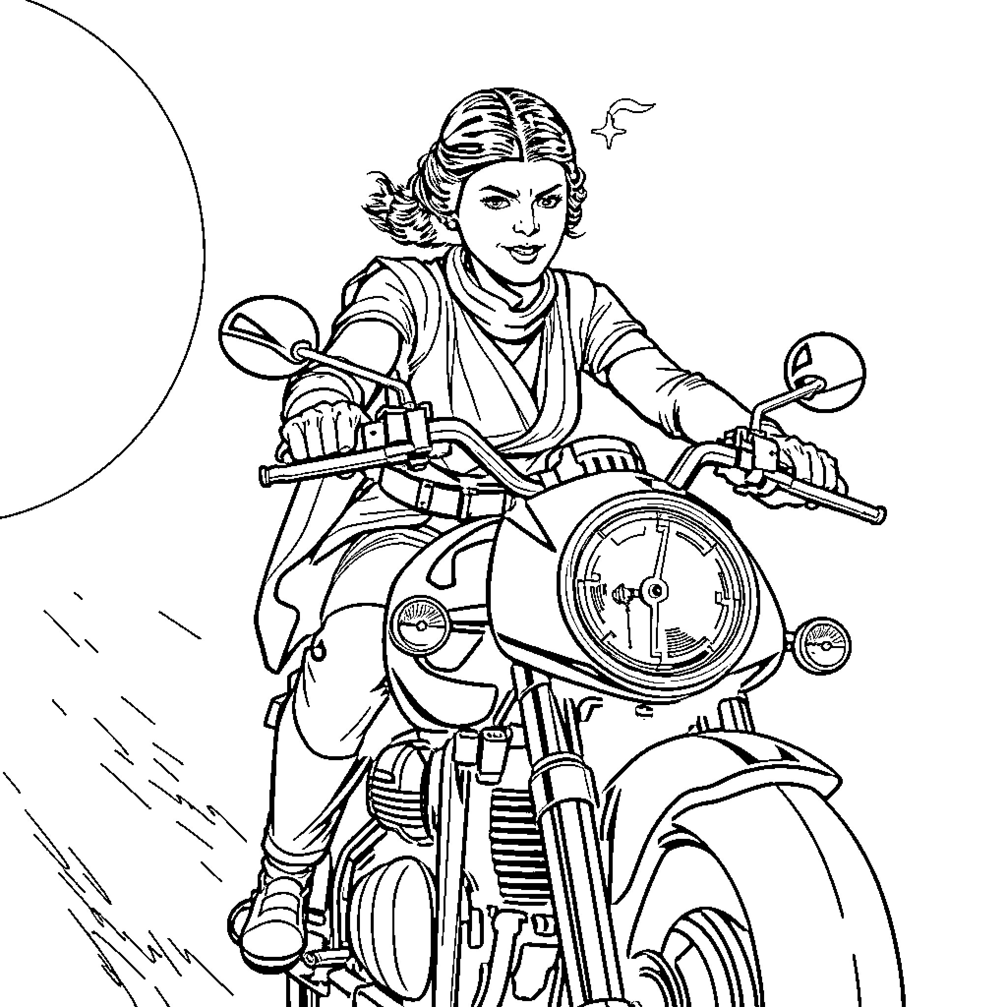 Princess Leia riding a motorcycle with determination Coloring Page (free black-and-white line drawing printable PDF for all, from beginners to advanced learners, including children, teens, adults, and seniors)